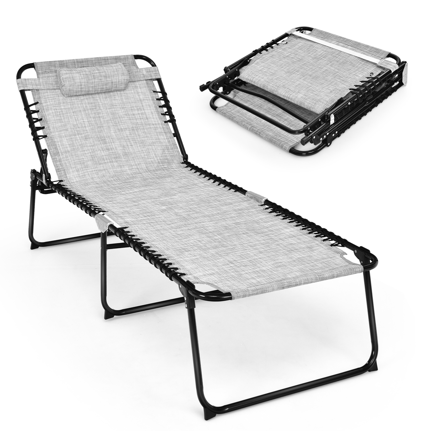 Gymax Folding Reclining Lounge Chaise 4-Position Backrest Portable Beach Chair Grey