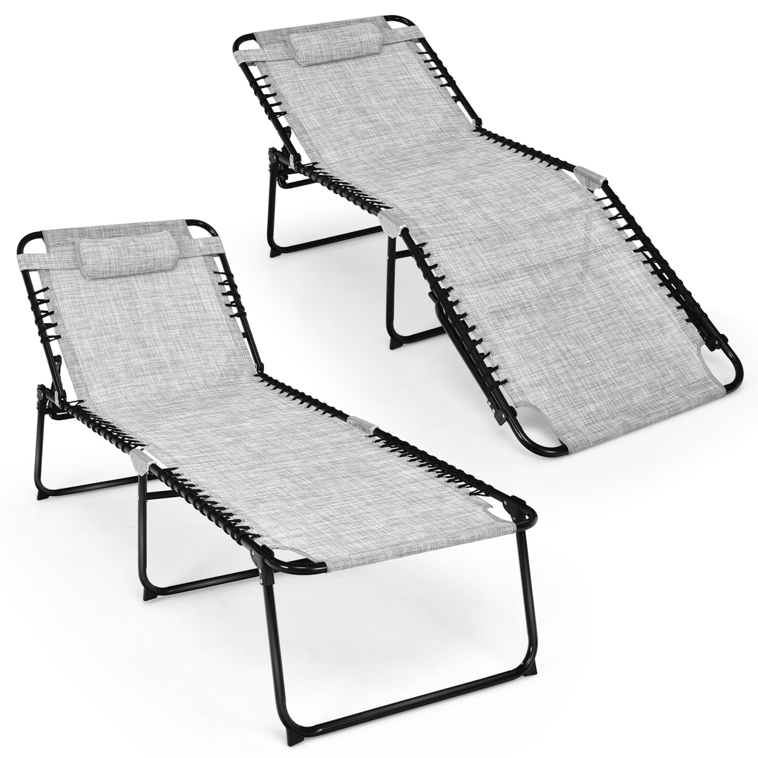 Gymax Folding Reclining Lounge Chaise 4-Position Backrest Portable Beach Chair Grey