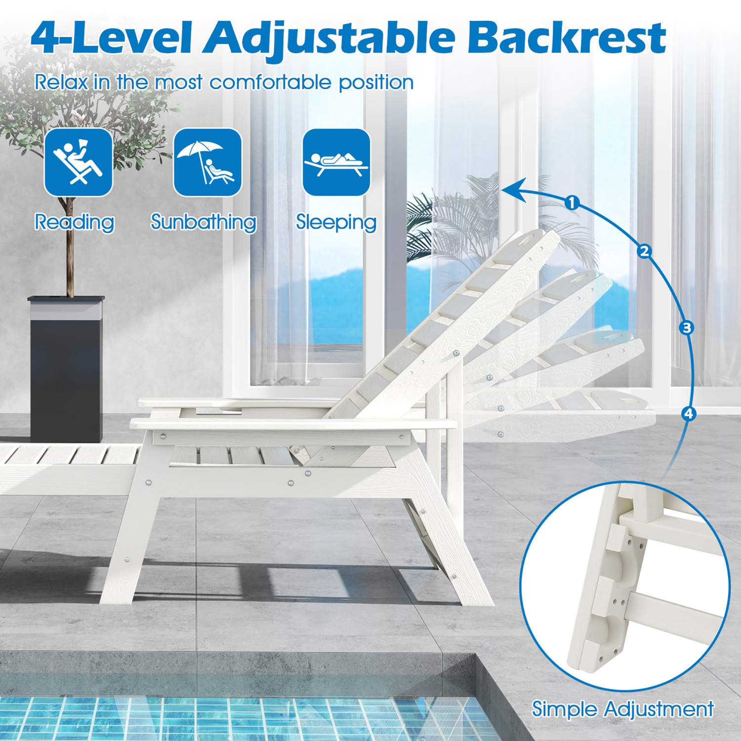 Gymax Patio Chaise Lounge Chair HDPE Recliner w/ 4-Position Backrest Outdoor