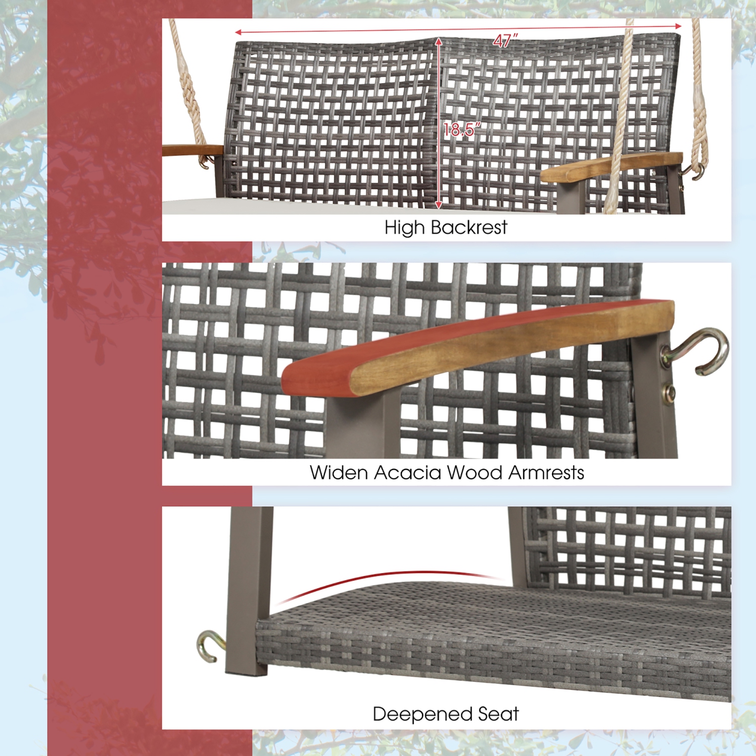 Gymax Rattan Patio Porch Swing 2-Person Cushioned Swing Chair Bench w/ Hanging Ropes