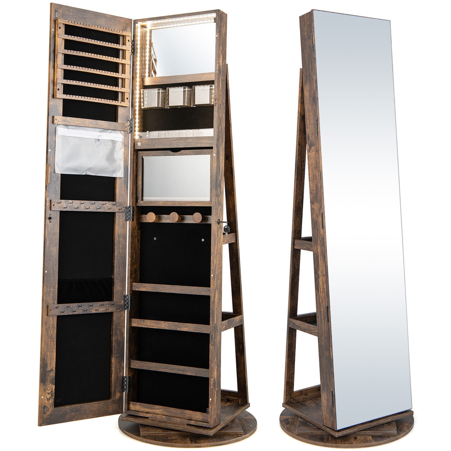 Gymax 360°Rotating Mirrored Jewelry Cabinet w/ High Mirror & Storage Shelves