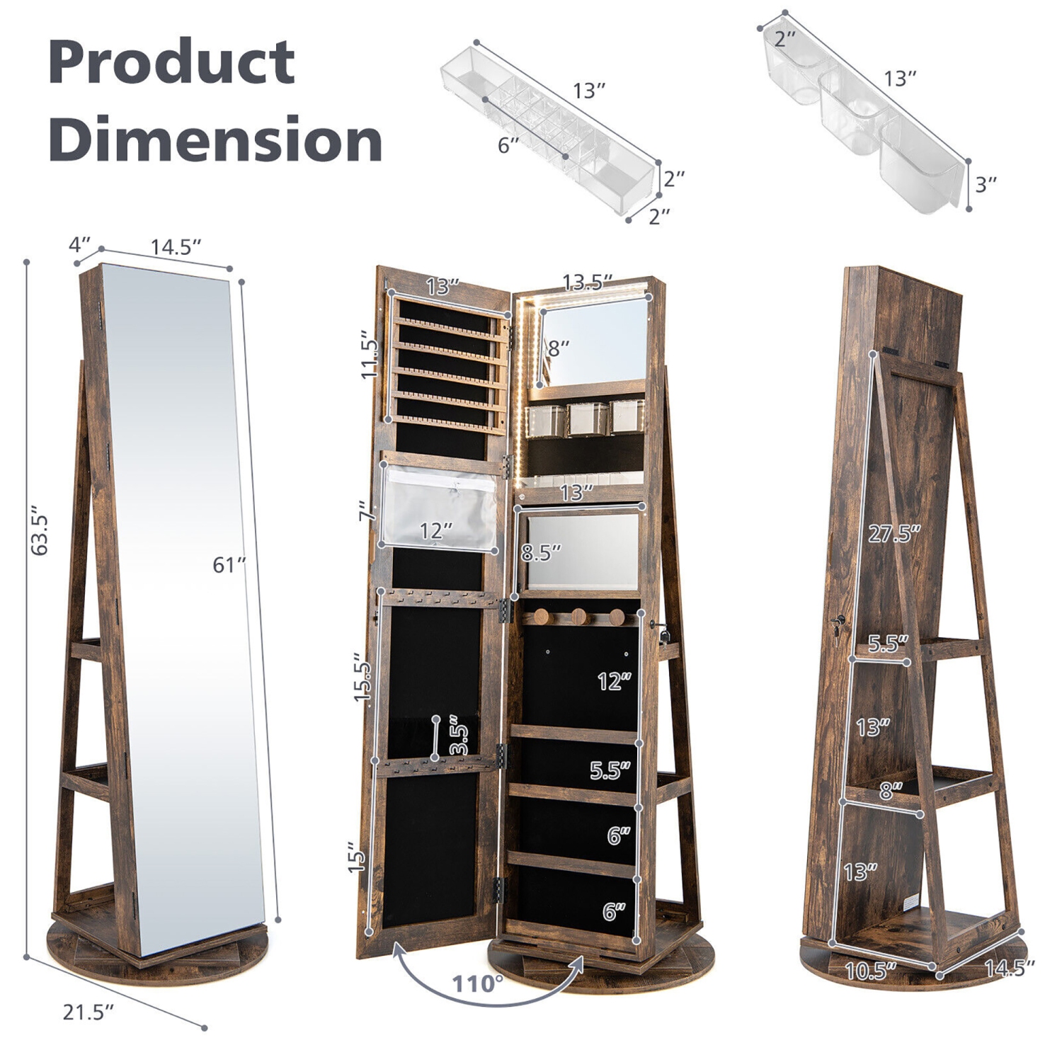 Gymax 360°Rotating Mirrored Jewelry Cabinet w/ High Mirror & Storage Shelves