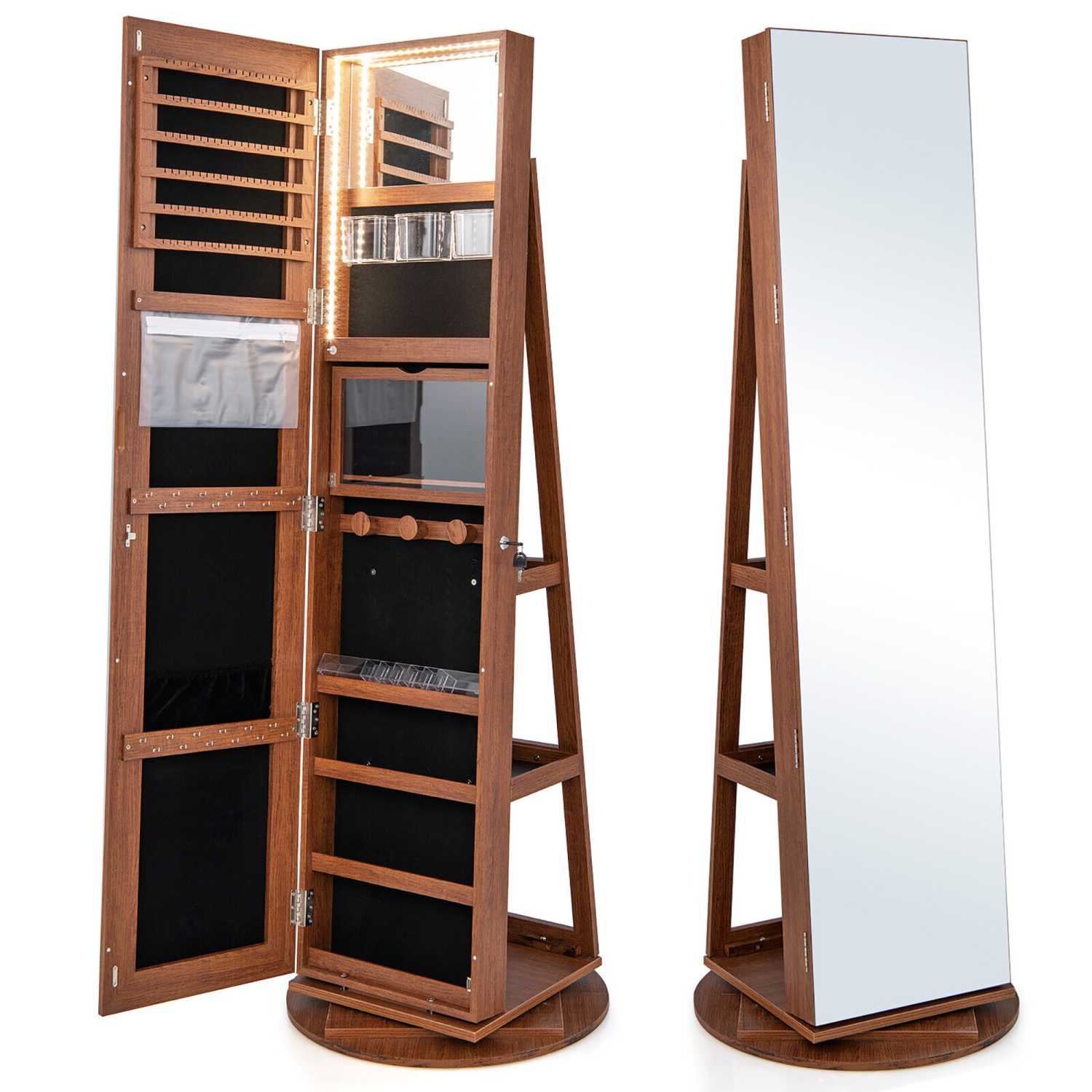 Gymax 360°Rotating Mirrored Jewelry Cabinet w/ High Mirror & Storage Shelves