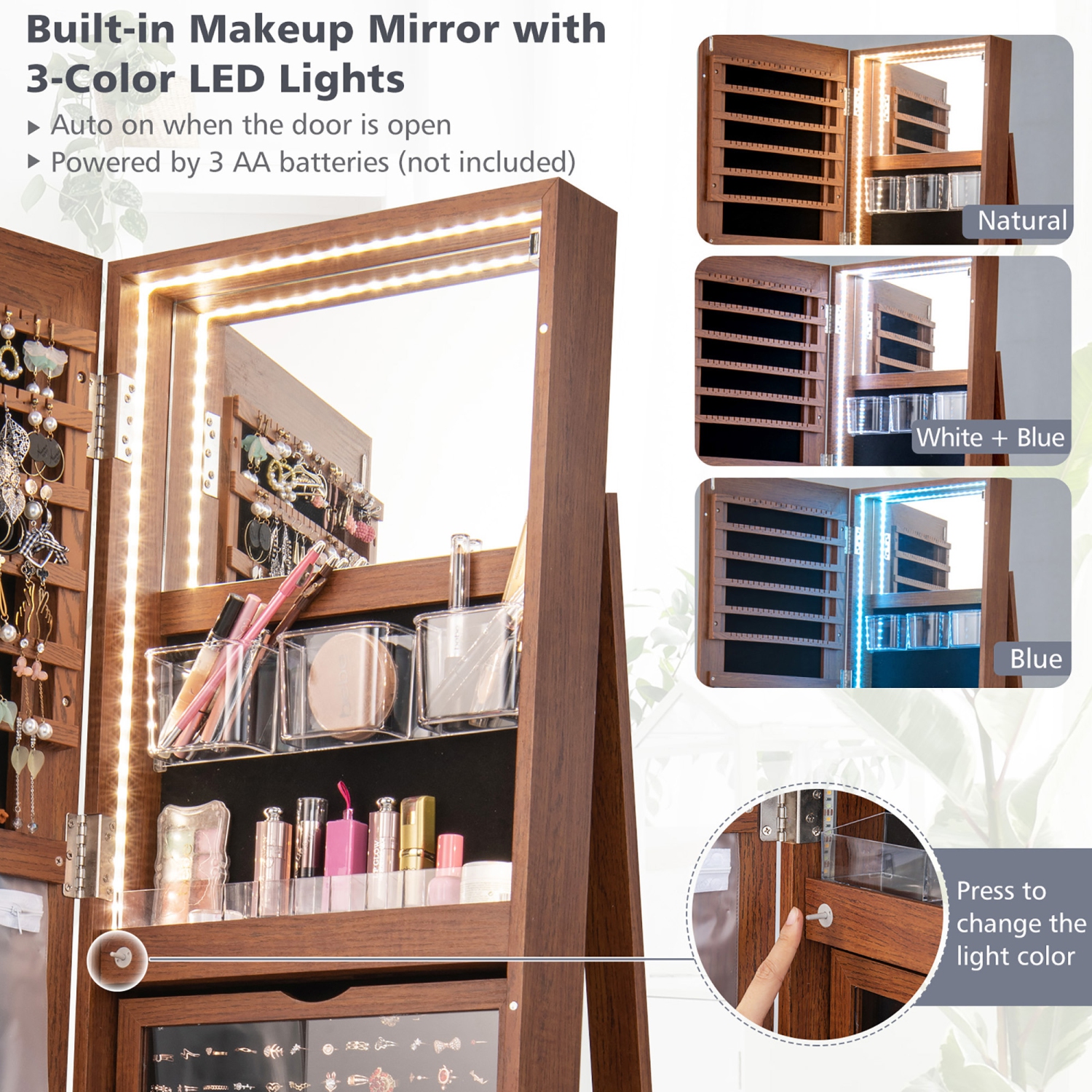 Gymax 360°Rotating Mirrored Jewelry Cabinet w/ High Mirror & Storage Shelves