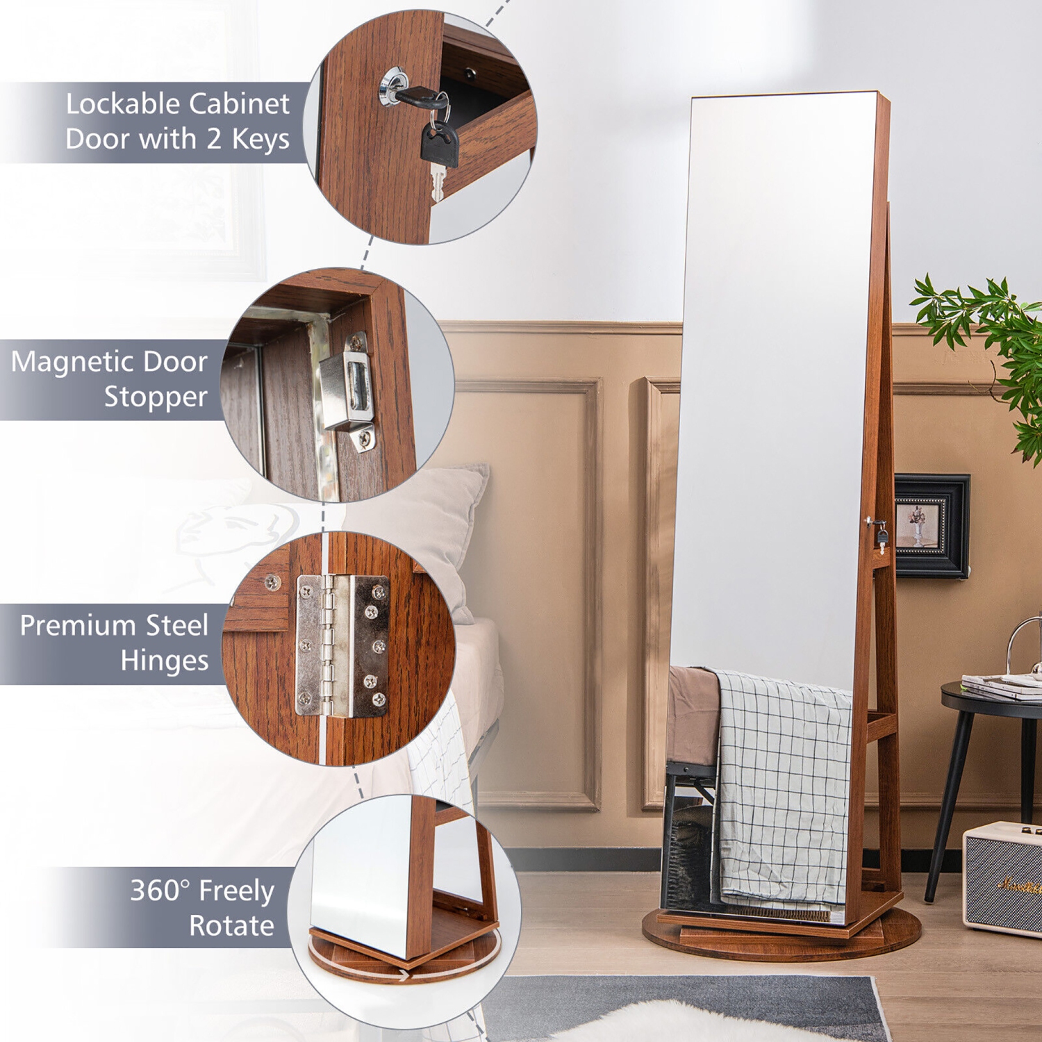 Gymax 360°Rotating Mirrored Jewelry Cabinet w/ High Mirror & Storage Shelves