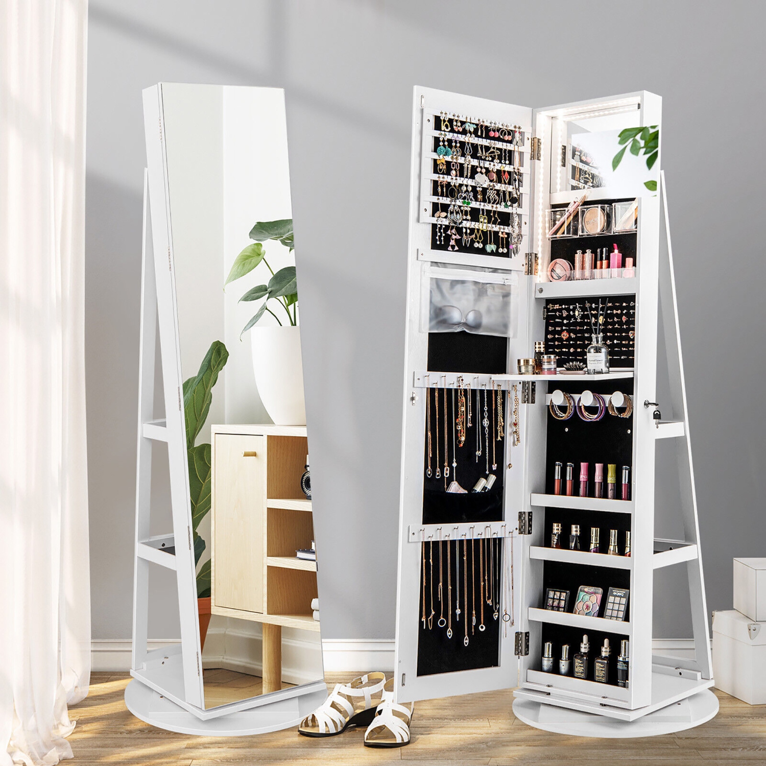 Gymax 360°Rotating Mirrored Jewelry Cabinet w/ High Mirror & Storage Shelves