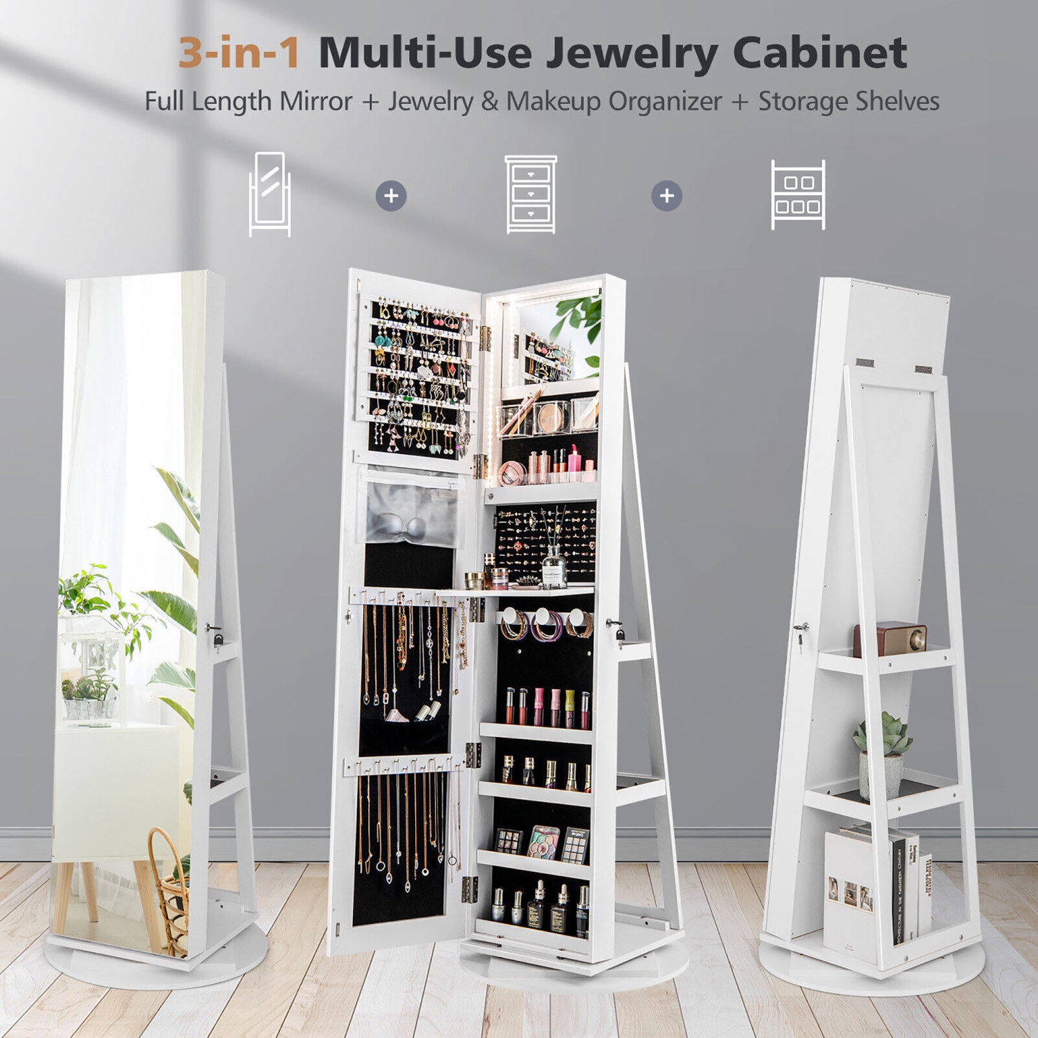 Gymax 360°Rotating Mirrored Jewelry Cabinet w/ High Mirror & Storage Shelves