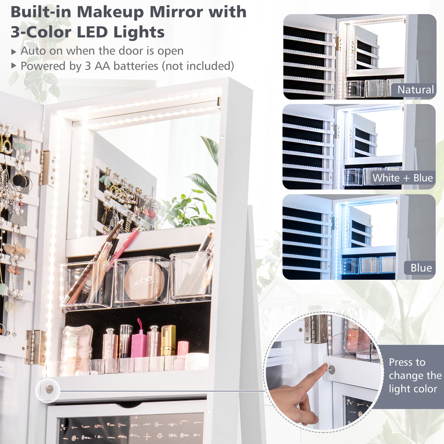 Gymax 360°Rotating Mirrored Jewelry Cabinet w/ High Mirror & Storage Shelves