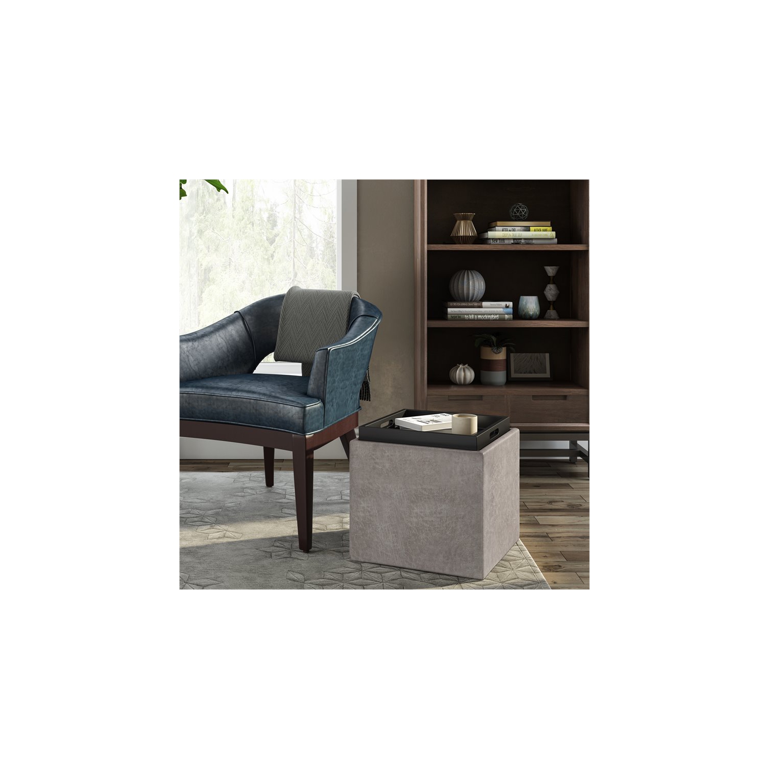 Pouf de rangement cubique de 17 po avec plateau en similicuir gris Rockwood de Simpli Home