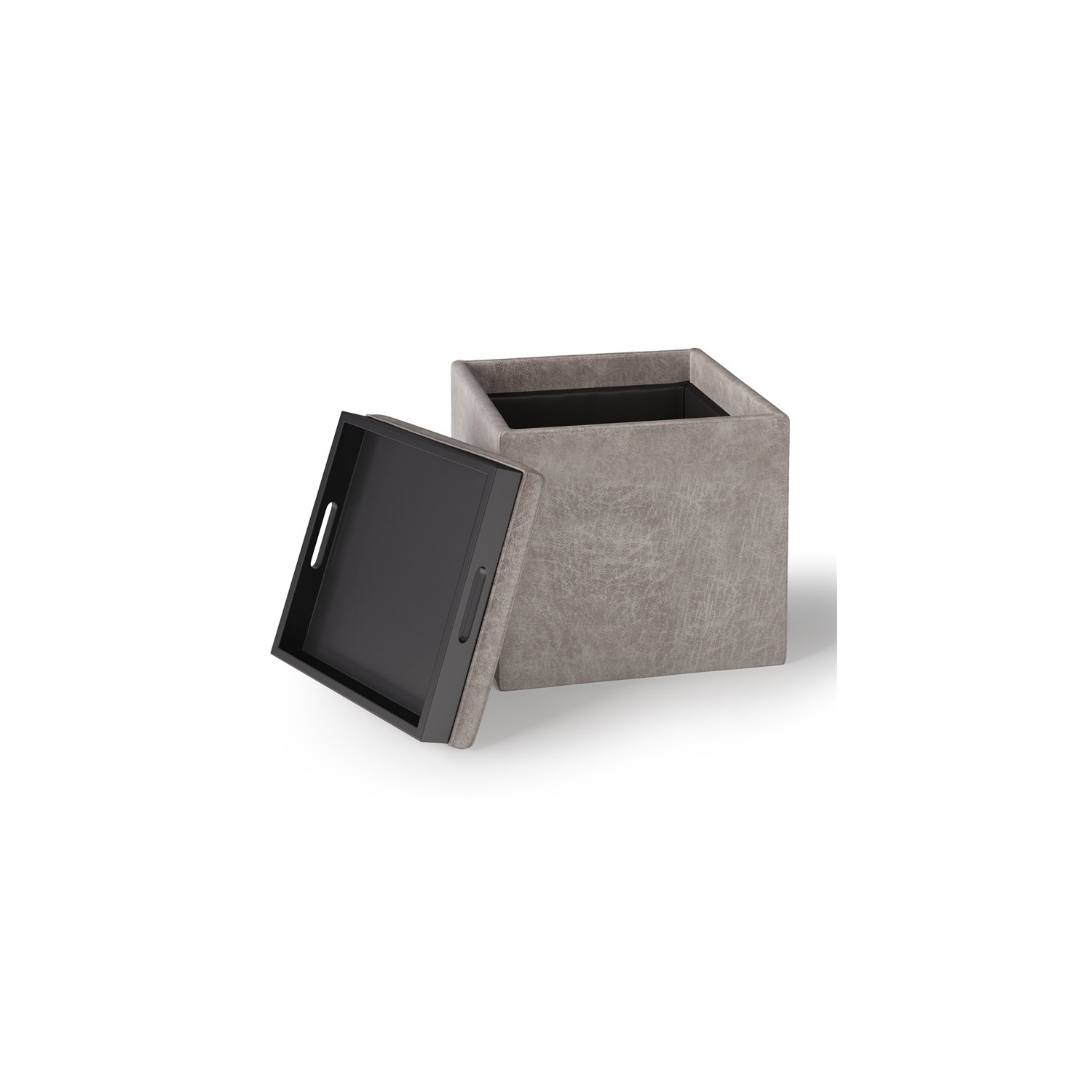 Pouf de rangement cubique de 17 po avec plateau en similicuir gris Rockwood de Simpli Home
