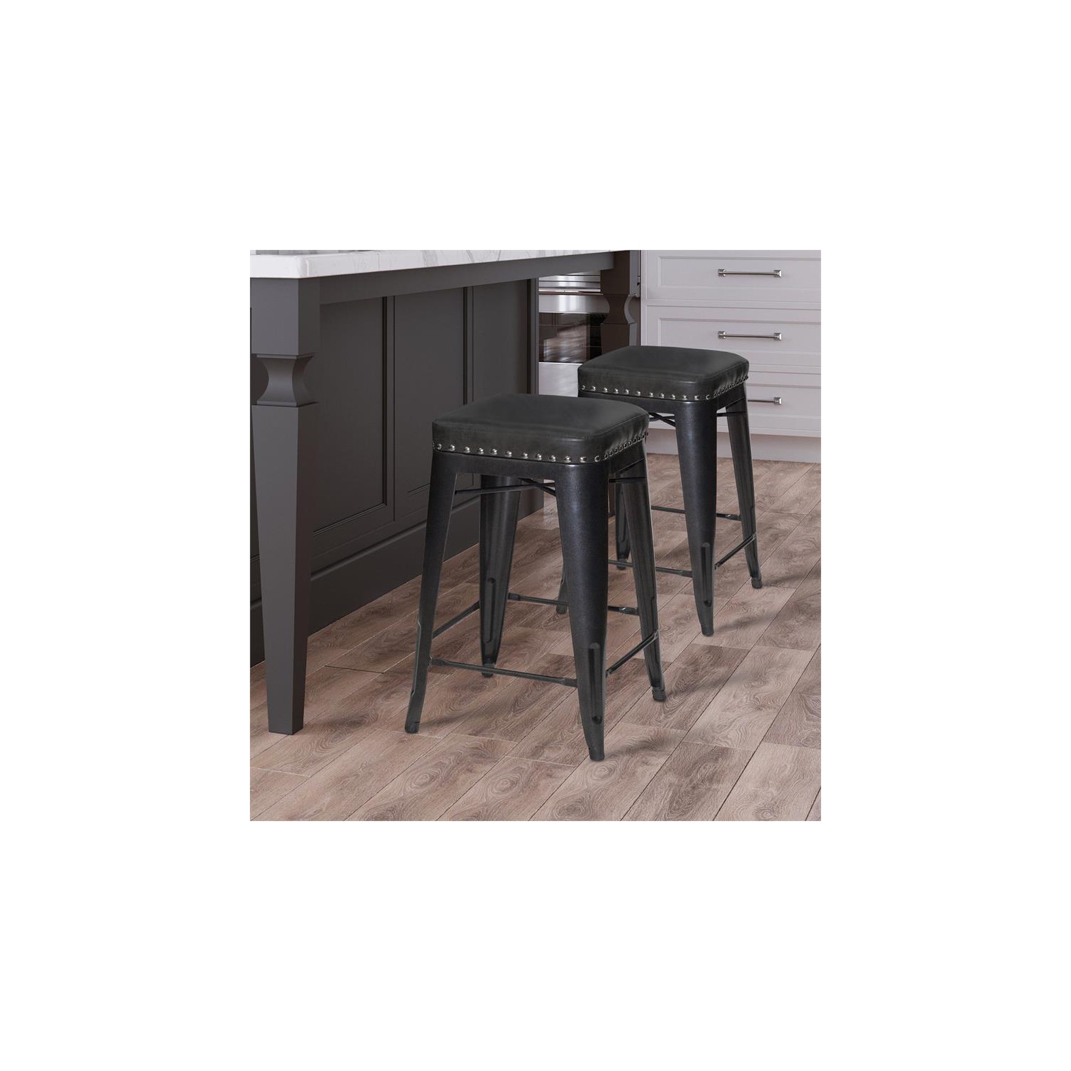 Bowery Hill Transitional Metal and Faux Leather Counter Stool - Set of 2 in Gray