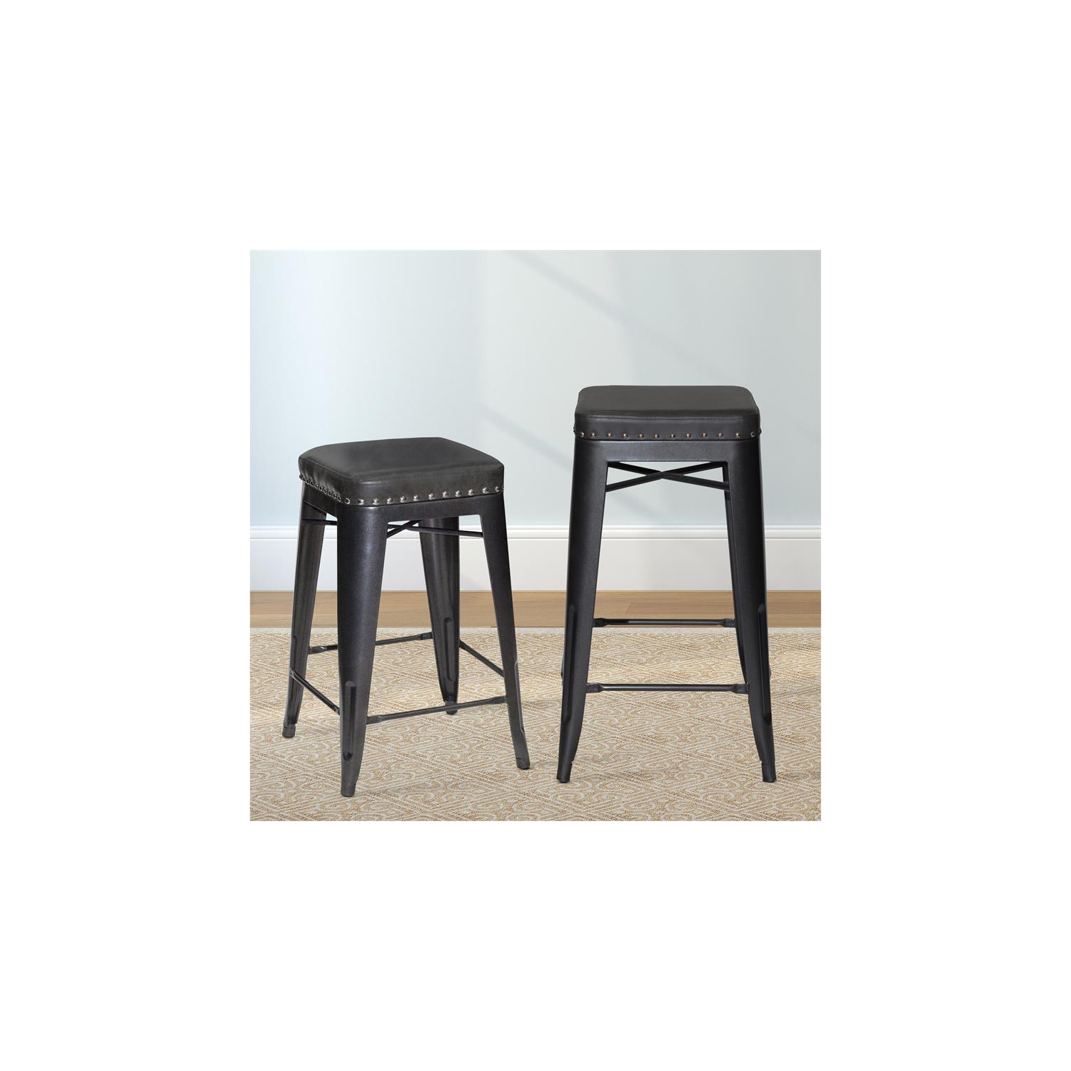 Bowery Hill Transitional Metal and Faux Leather Counter Stool - Set of 2 in Gray