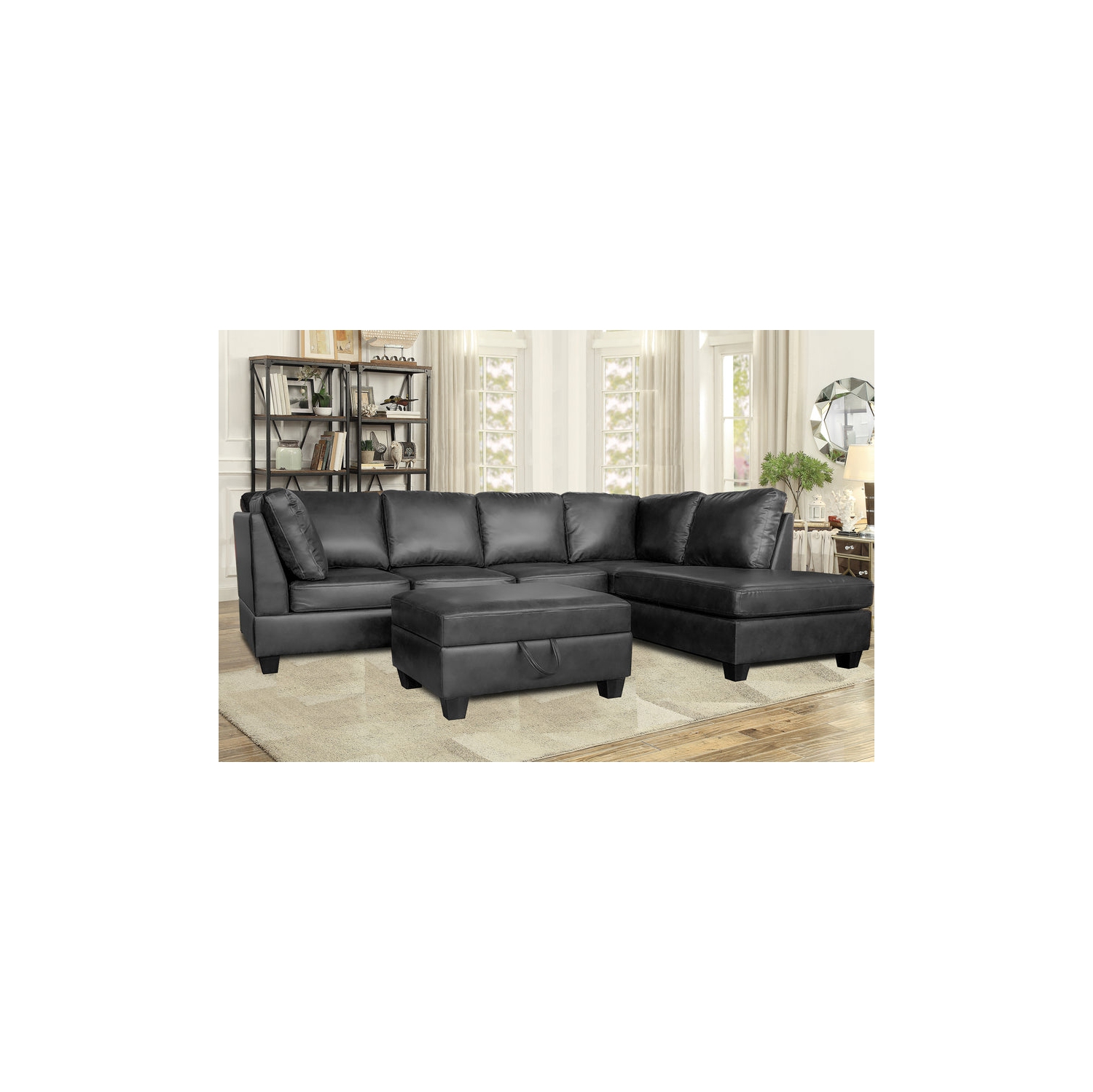 Infinite Imports – Julia Reversible Sectional Black Faux Leather With Storage Ottoman