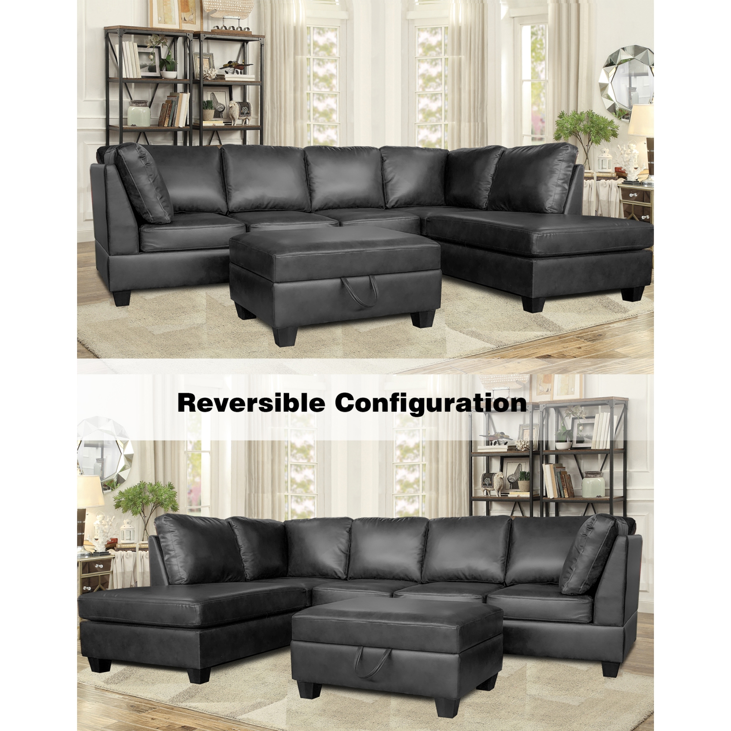 Infinite Imports – Julia Reversible Sectional Black Faux Leather With Storage Ottoman