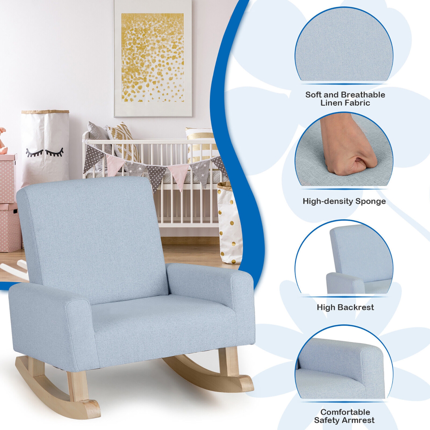 Gymax Kids Rocking Chair Children Armchair Linen Upholstered Sofa w/ Solid Wood Legs