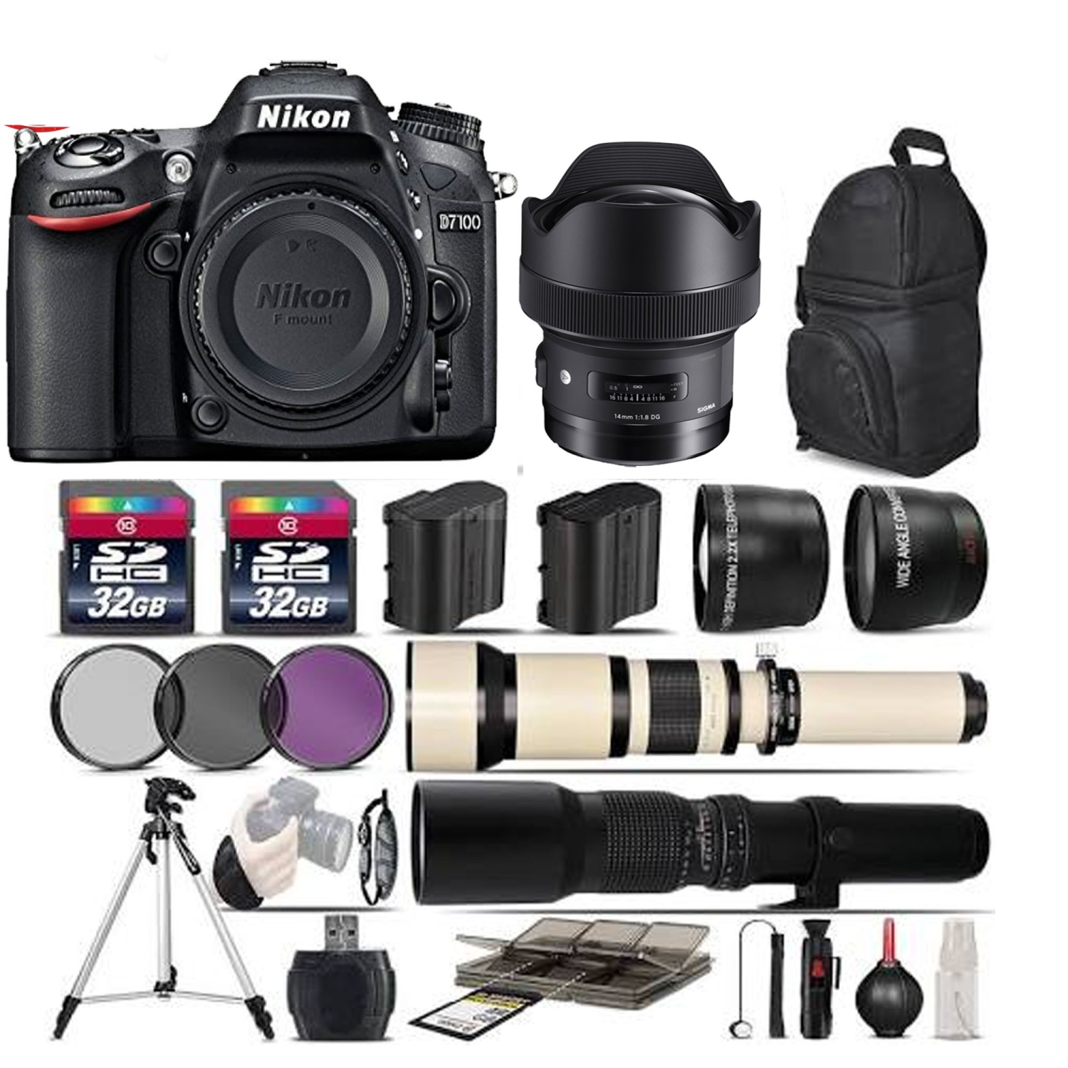 Nikon D7100 DSLR Camera || SIGMA 14MM ||650-1300mm Lens ||500mm - 5Lens Kit, Black