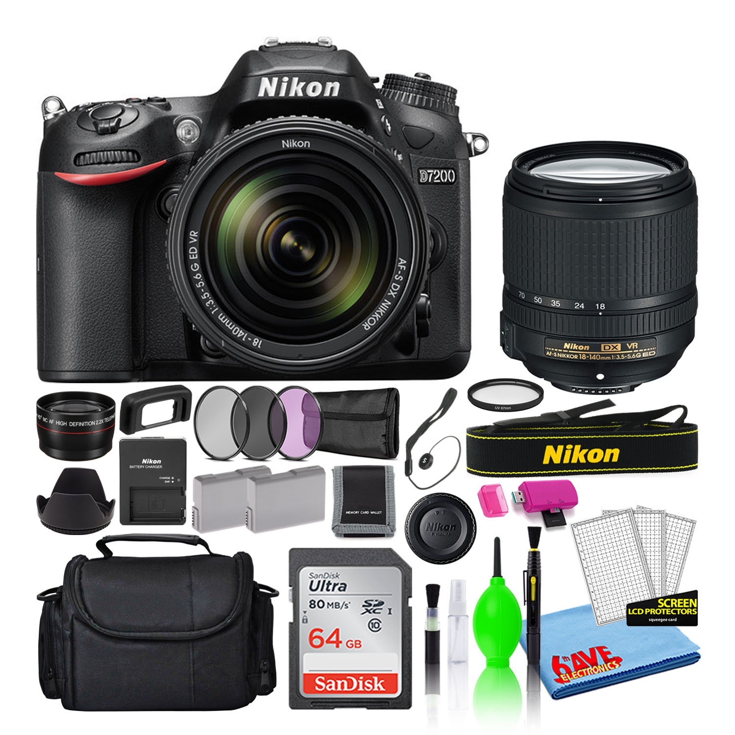 Nikon D7200 Digital Camera with 18-140mm VR Lens (1555) + 64GB