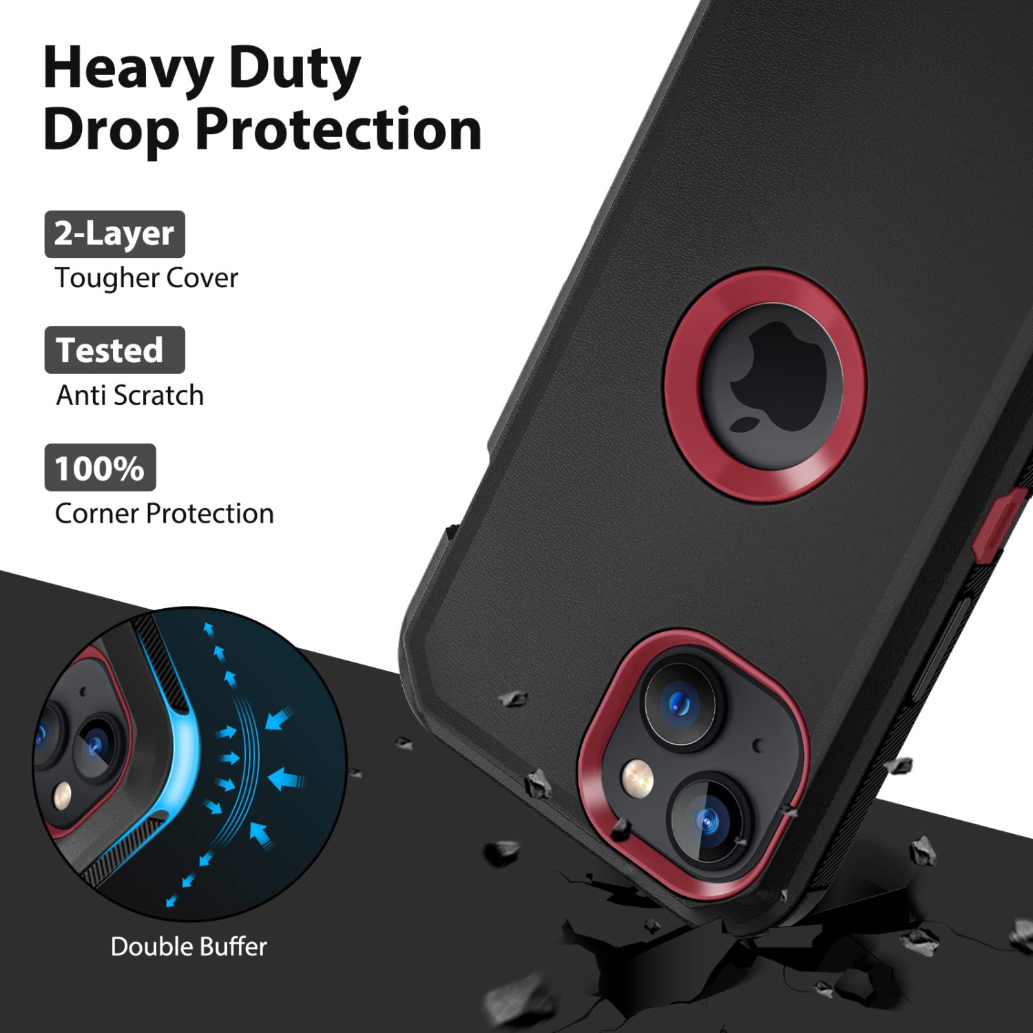 Jiunai pour iPhone 14, étui antichoc, protection robuste contre la poussière, double couche de protection anti-égratignures, bordure surélevée en T