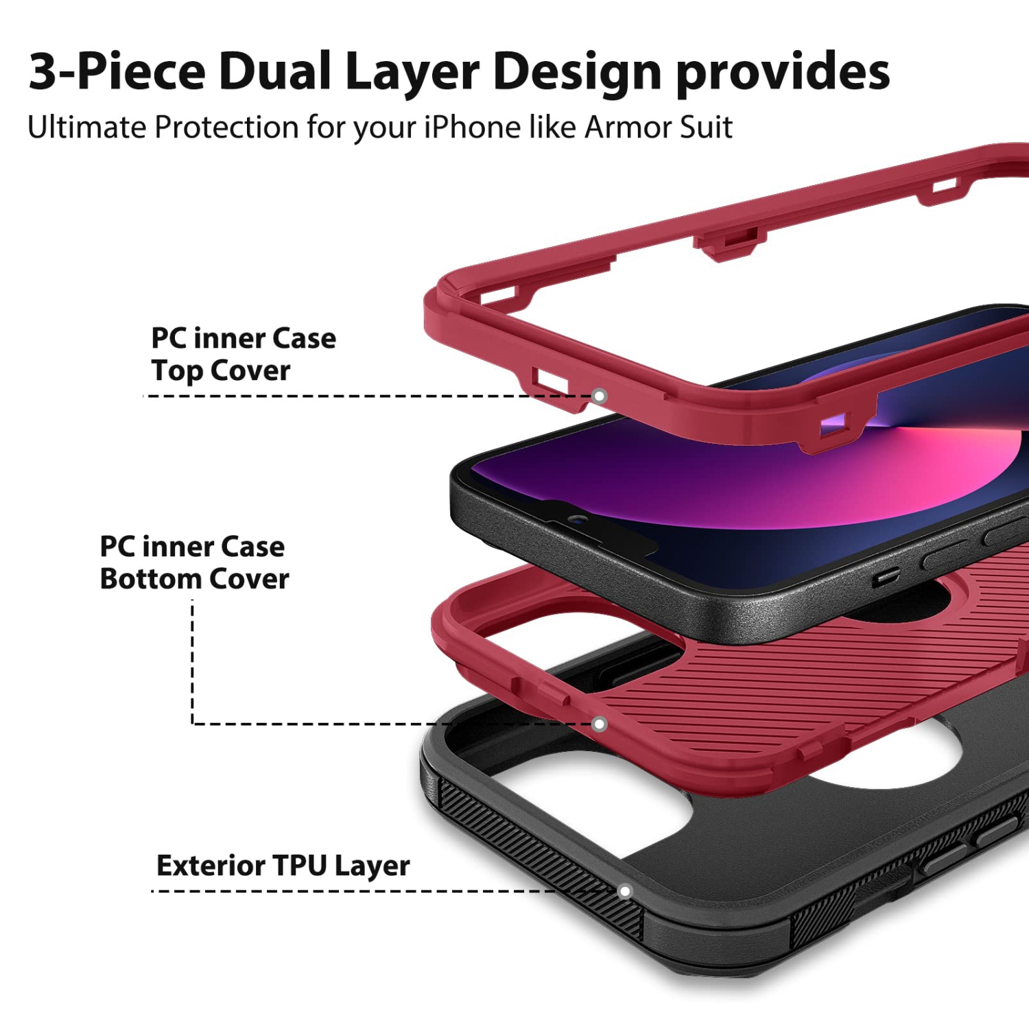 Jiunai pour iPhone 14, étui antichoc, protection robuste contre la poussière, double couche de protection anti-égratignures, bordure surélevée en T