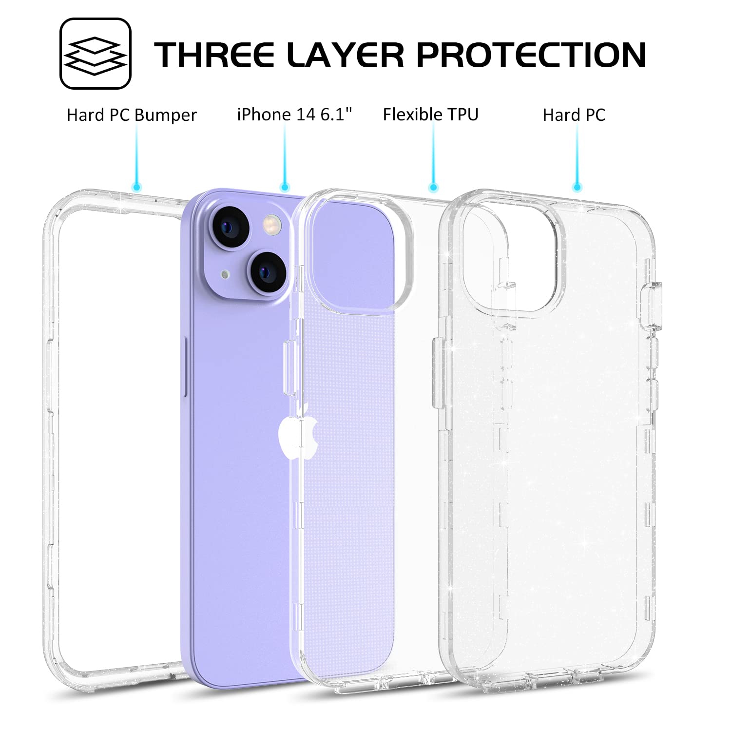 DUEDUE for iPhone 14 Case, Glitter Bling 3 in 1 Heavy Duty Hybrid Hard PC Transparent TPU Bumper Shockproof Full Body Protec