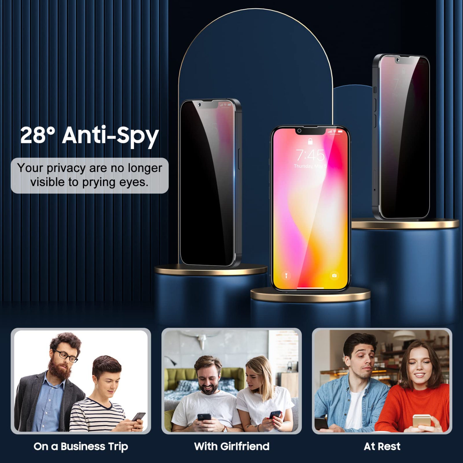 Paquet de 2 + 3 protecteurs d’écran de confidentialité UniqueMe compatibles avec iPhone 14 5G à 6,1 po et protecteur d’objectif 3 pièces, anti-espion