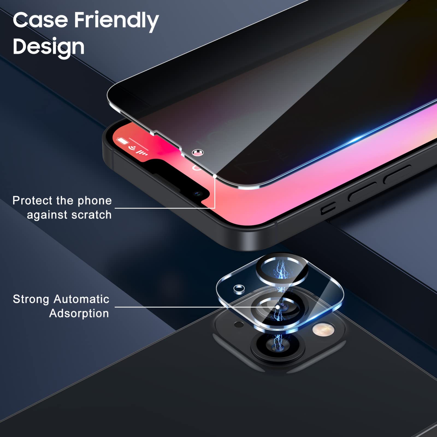 Paquet de 2 + 3 protecteurs d’écran de confidentialité UniqueMe compatibles avec iPhone 14 5G à 6,1 po et protecteur d’objectif 3 pièces, anti-espion