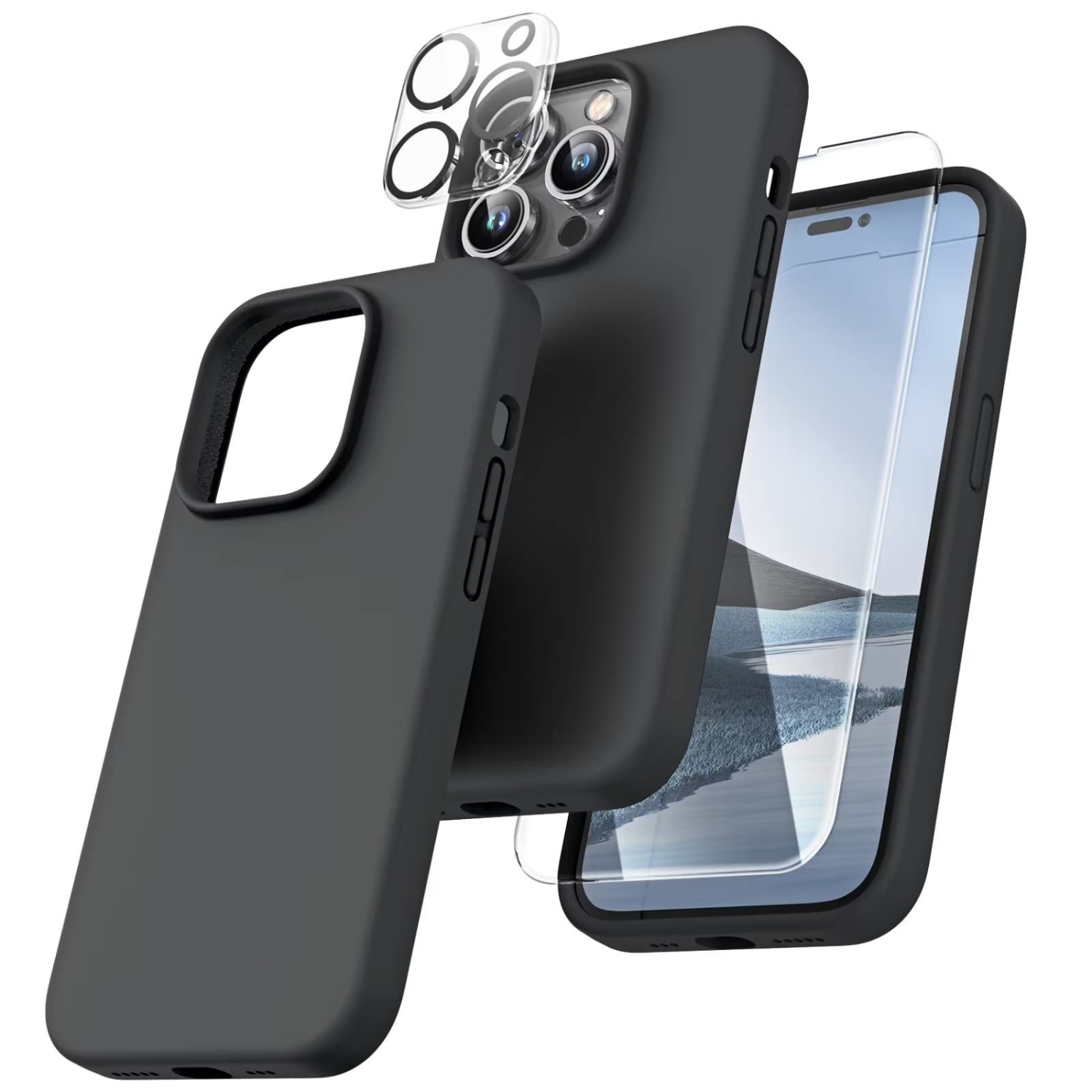 TOCOL 5 in 1 for iPhone 14 Pro Case, with 2 Pack Screen Protector + 2 Pack Camera Lens Protector, Slim Liquid Silicone Pho