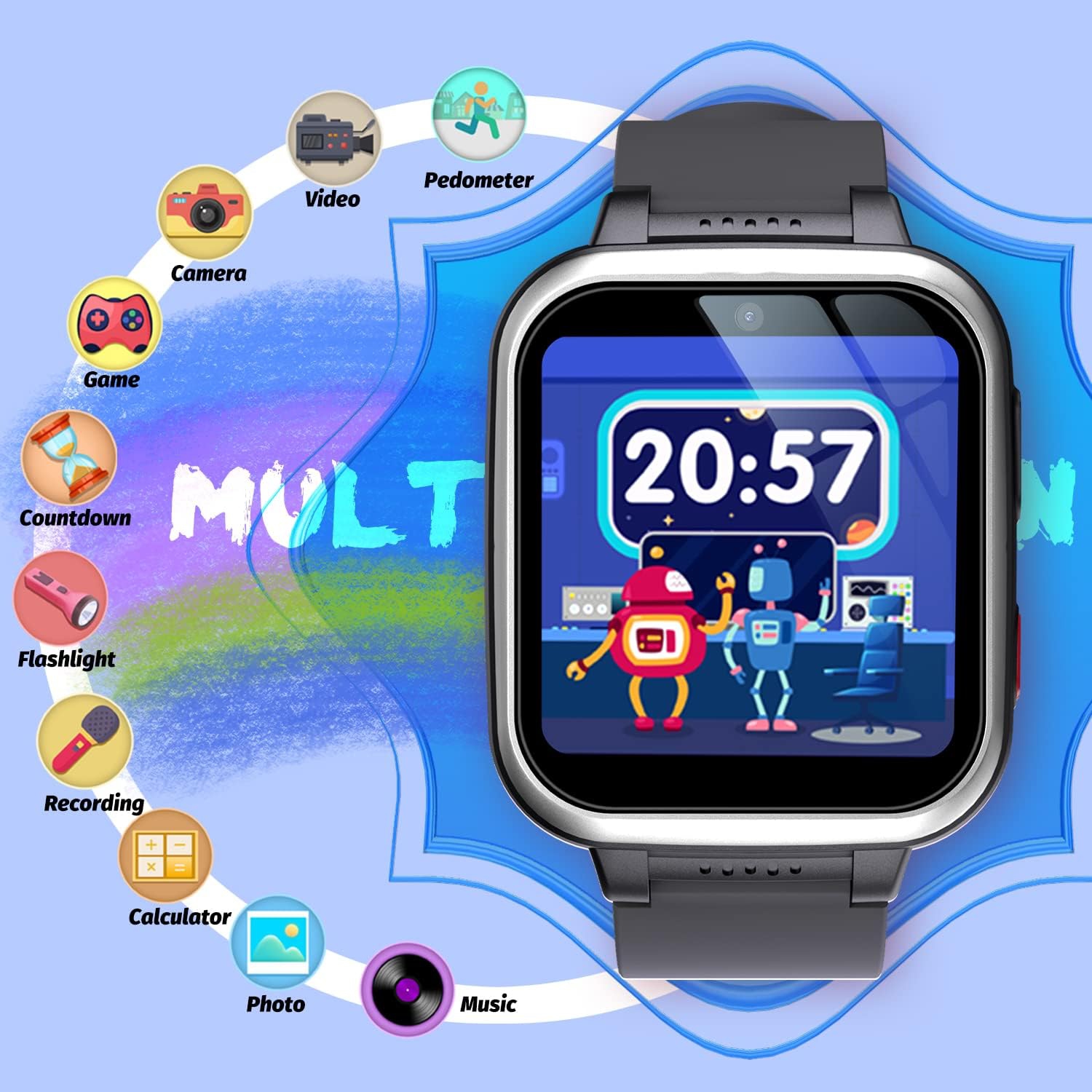 Montre intelligente pour enfants avec deux caméras, jeux, musique, lampe de poche et outils d'apprentissage – Montre intelligente à écran tactile HD