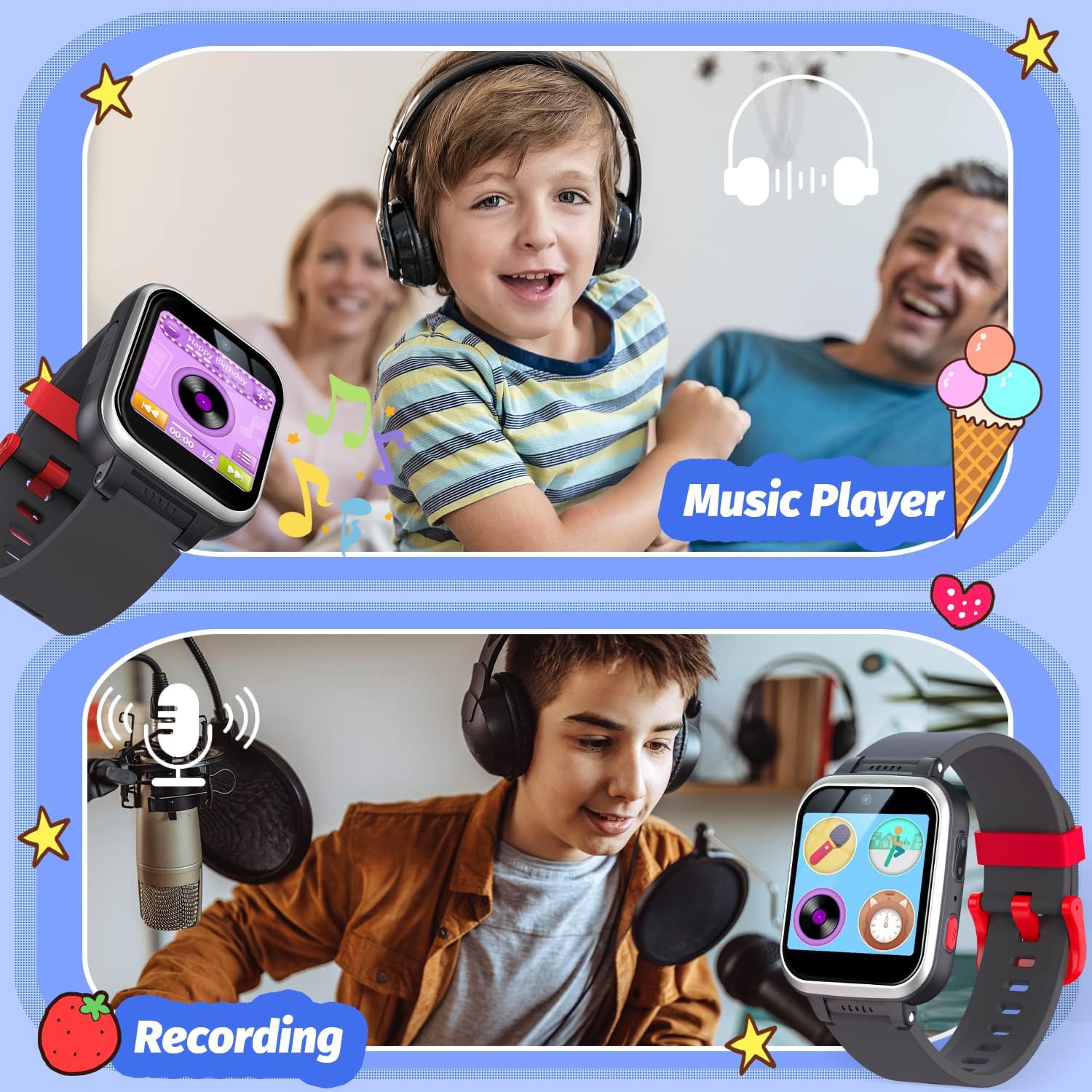 Montre intelligente pour enfants avec deux caméras, jeux, musique, lampe de poche et outils d'apprentissage – Montre intelligente à écran tactile HD