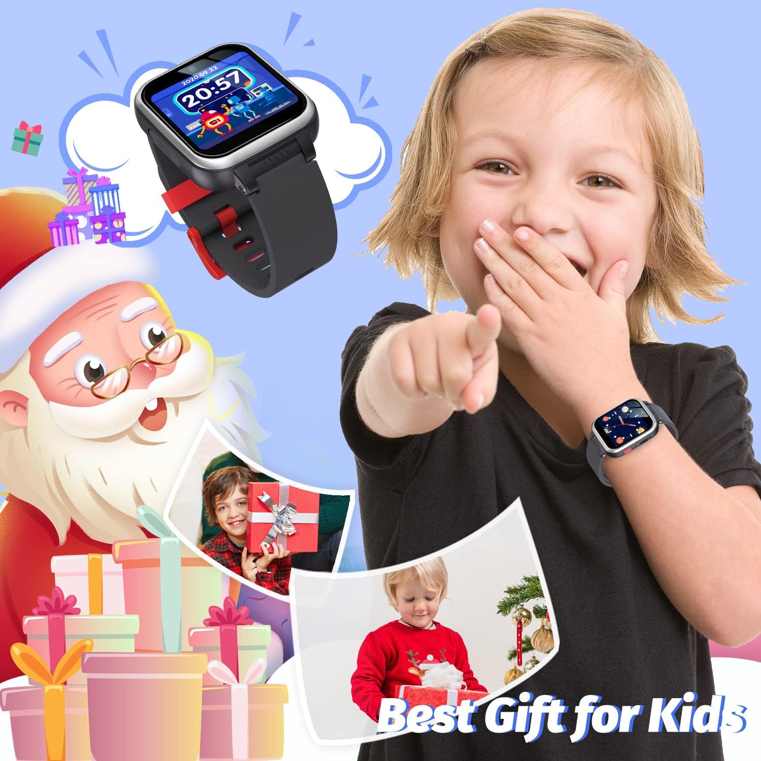 Montre intelligente pour enfants avec deux caméras, jeux, musique, lampe de poche et outils d'apprentissage – Montre intelligente à écran tactile HD