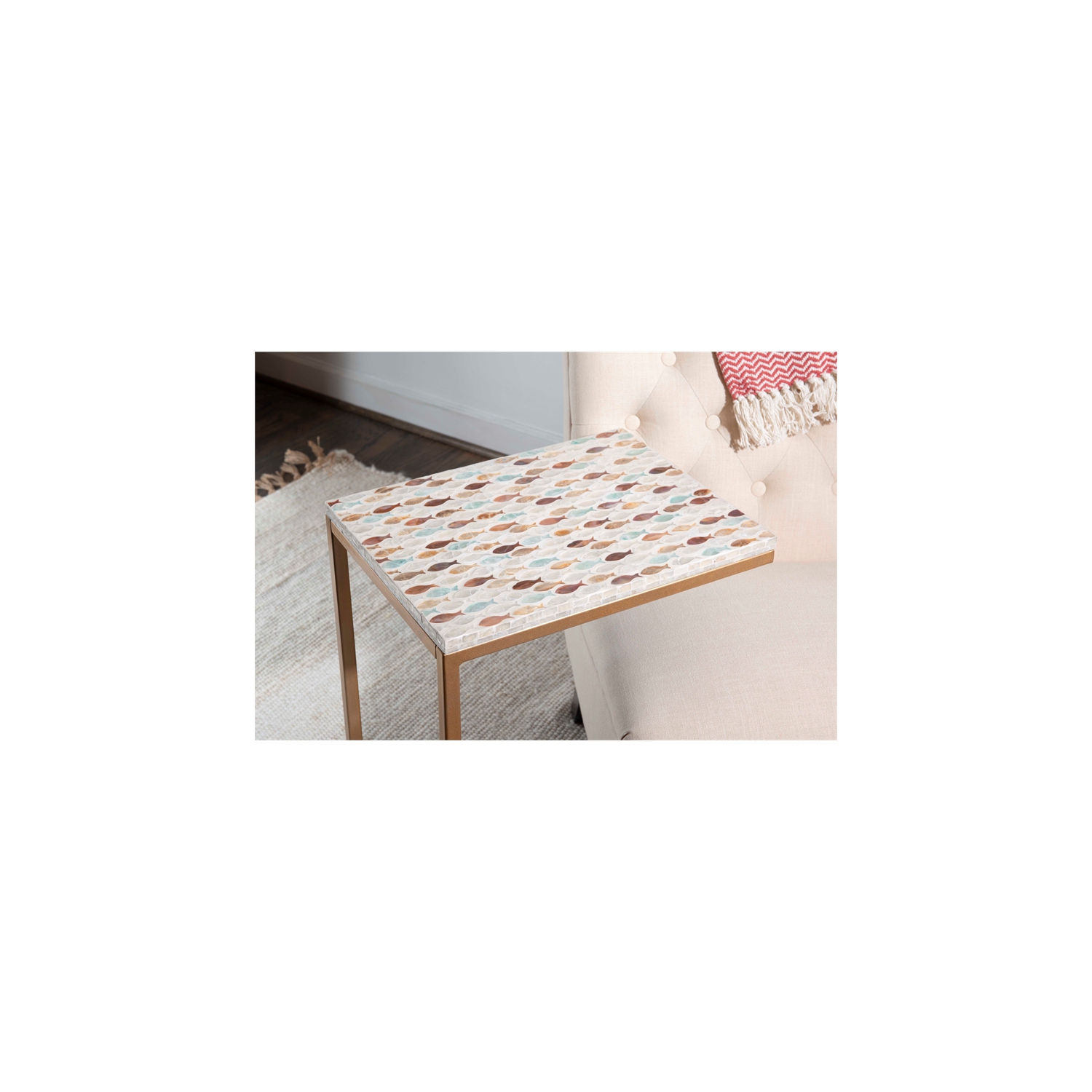 Riverbay Furniture Capiz Fish Mosaic Metal Accent C Table in Gold