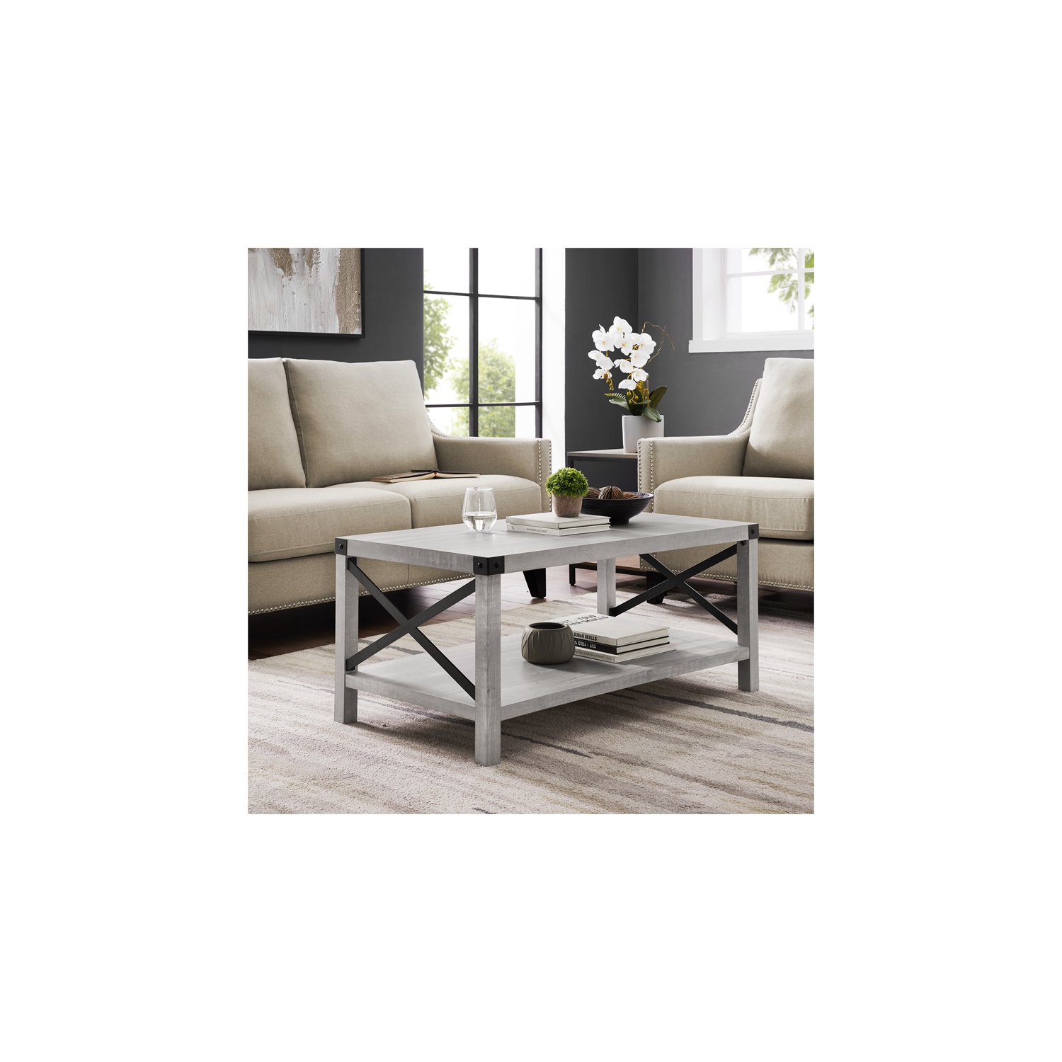 Table basse de style champêtre moderne de Bowery Hill, fini gris pierre