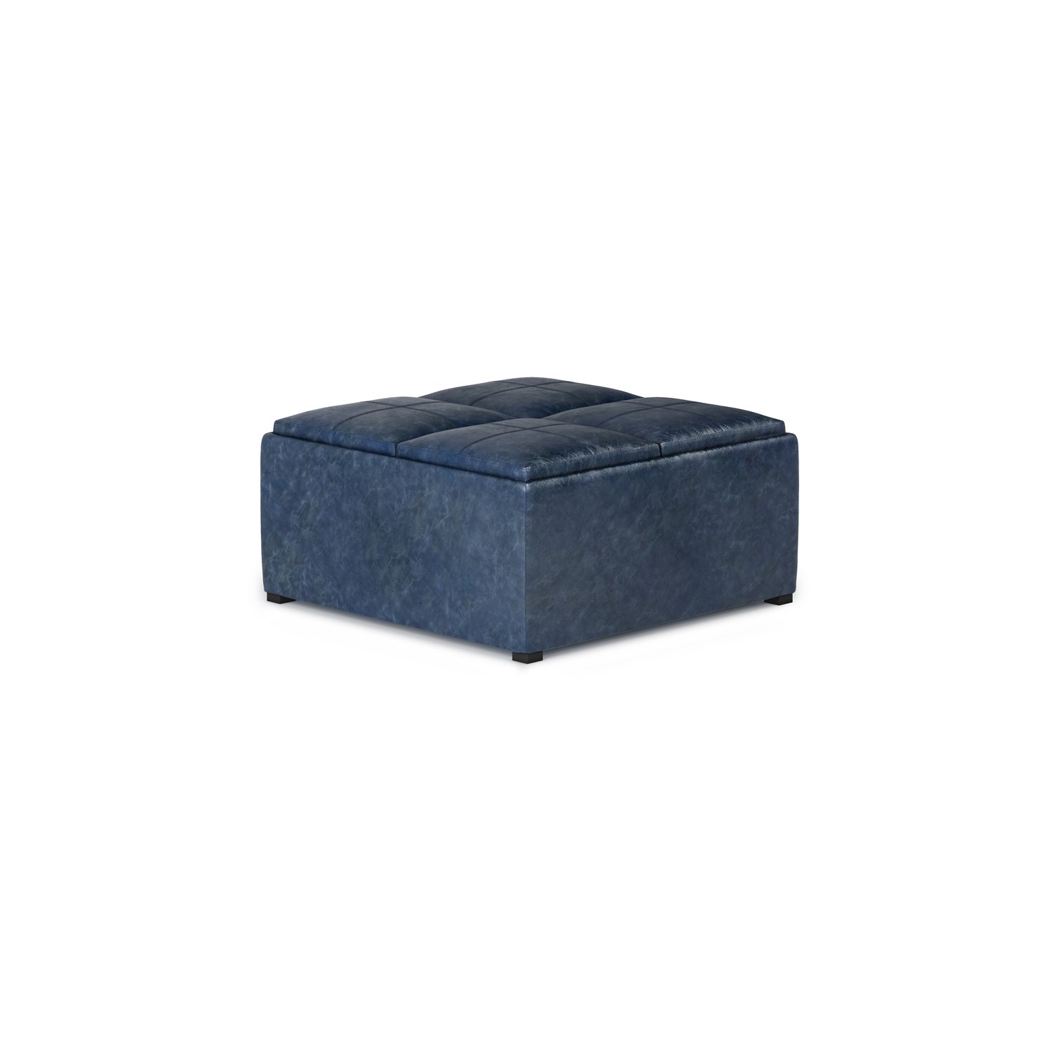 Simpli Home Avalon 35" Faux Leather Square Storage Ottoman in Denim Blue