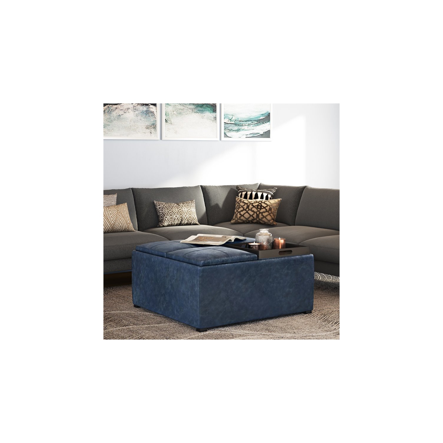 Simpli Home Avalon 35" Faux Leather Square Storage Ottoman in Denim Blue