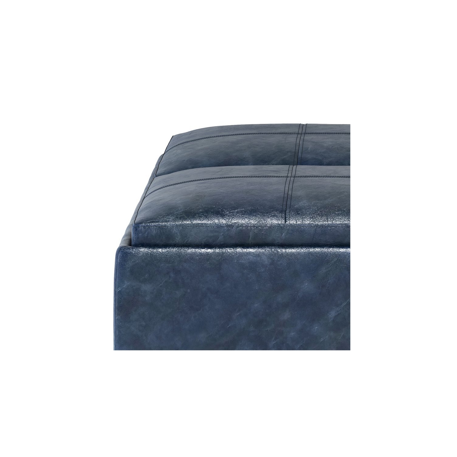 Simpli Home Avalon 35" Faux Leather Square Storage Ottoman in Denim Blue