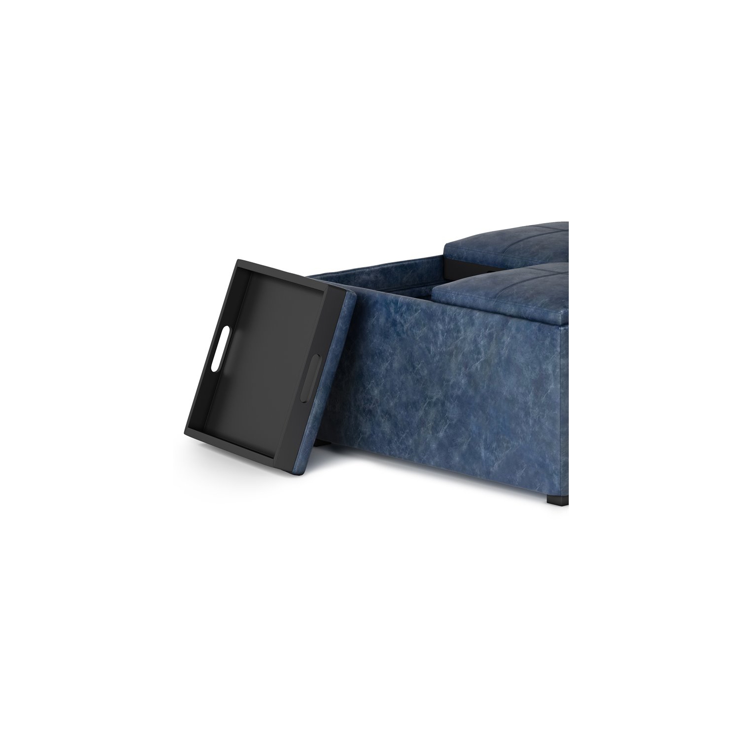 Simpli Home Avalon 35" Faux Leather Square Storage Ottoman in Denim Blue