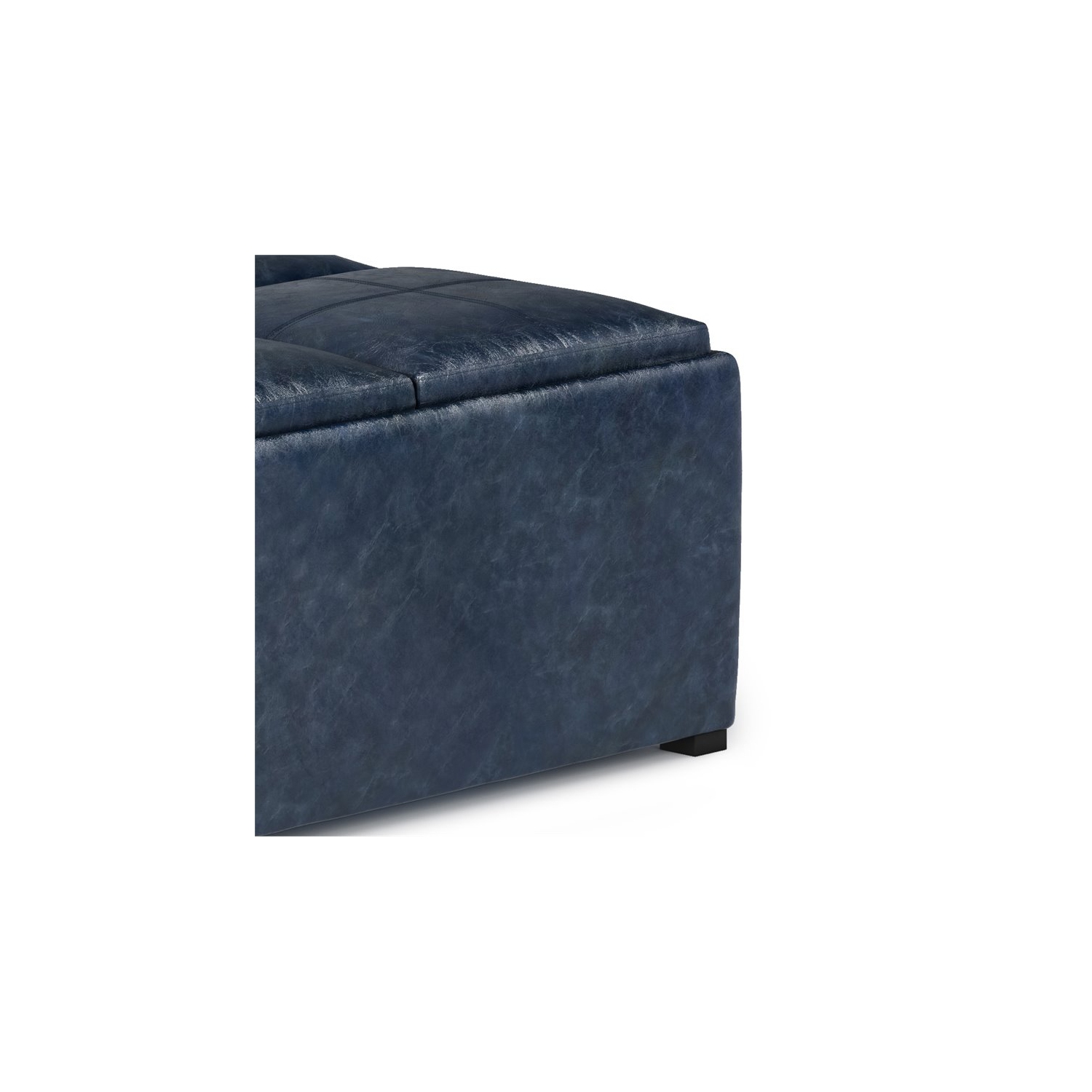 Simpli Home Avalon 35" Faux Leather Square Storage Ottoman in Denim Blue