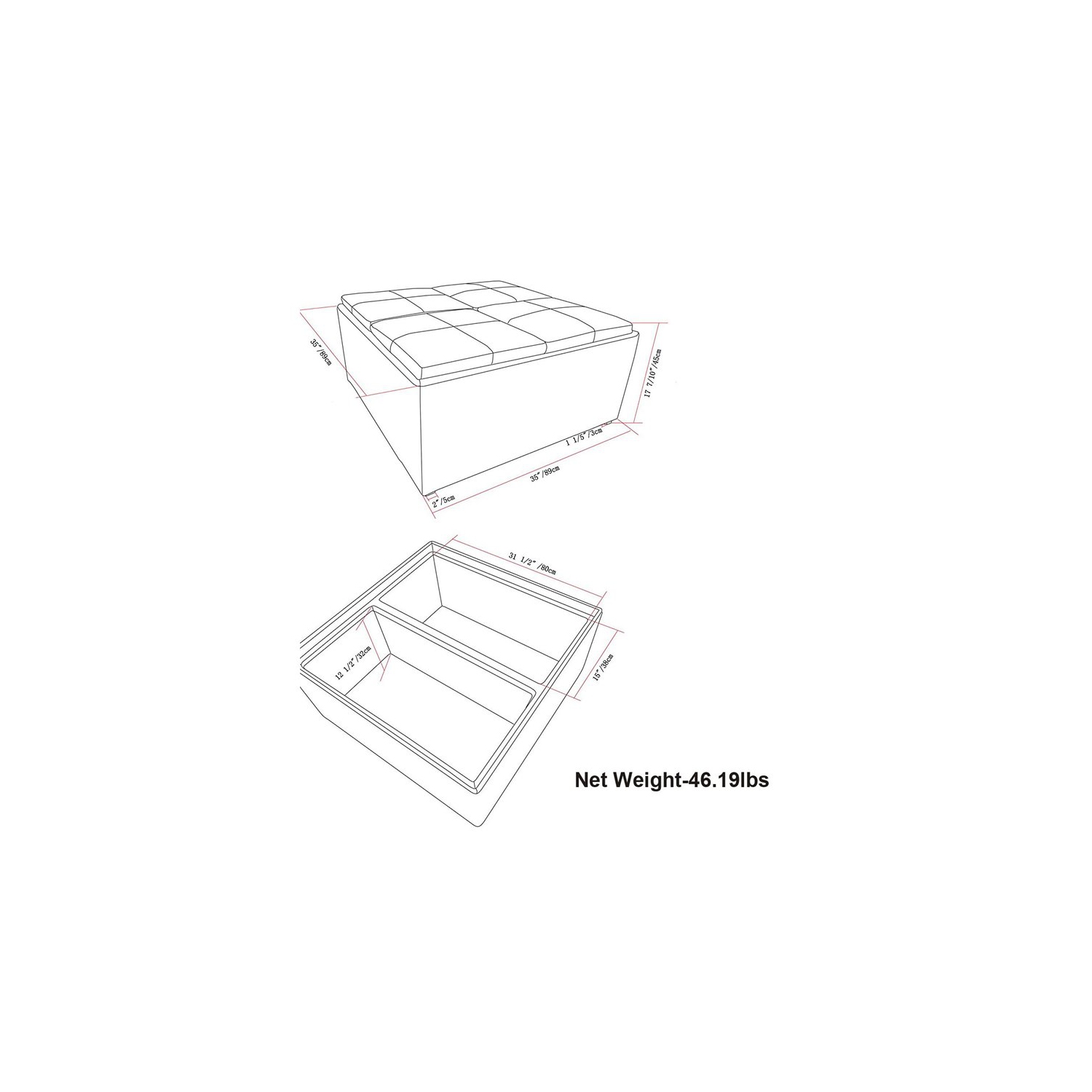 Simpli Home Avalon 35" Faux Leather Square Storage Ottoman in Denim Blue