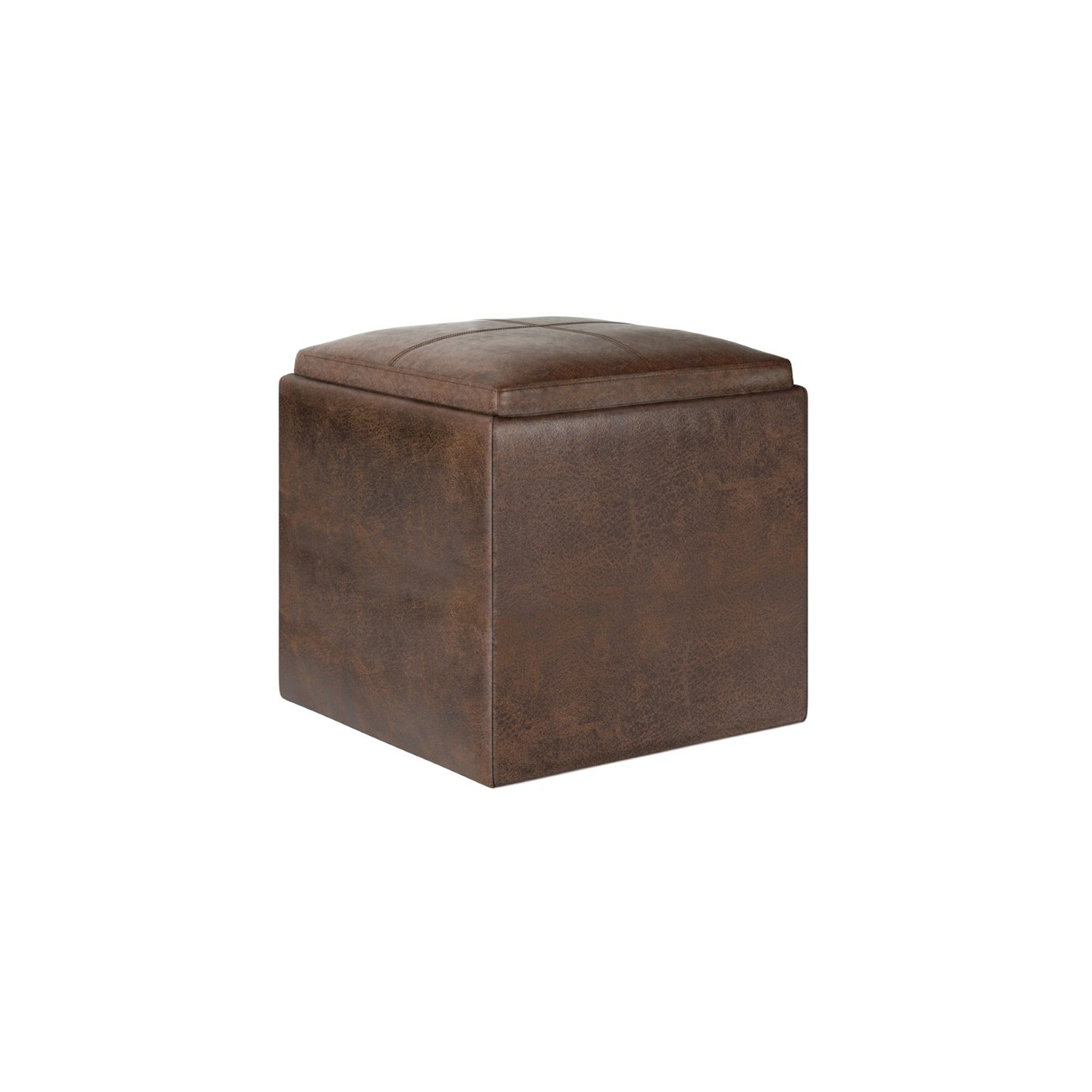 Rockwood Cube Storage Ottoman with Tray in Distressed Brown Faux Leather