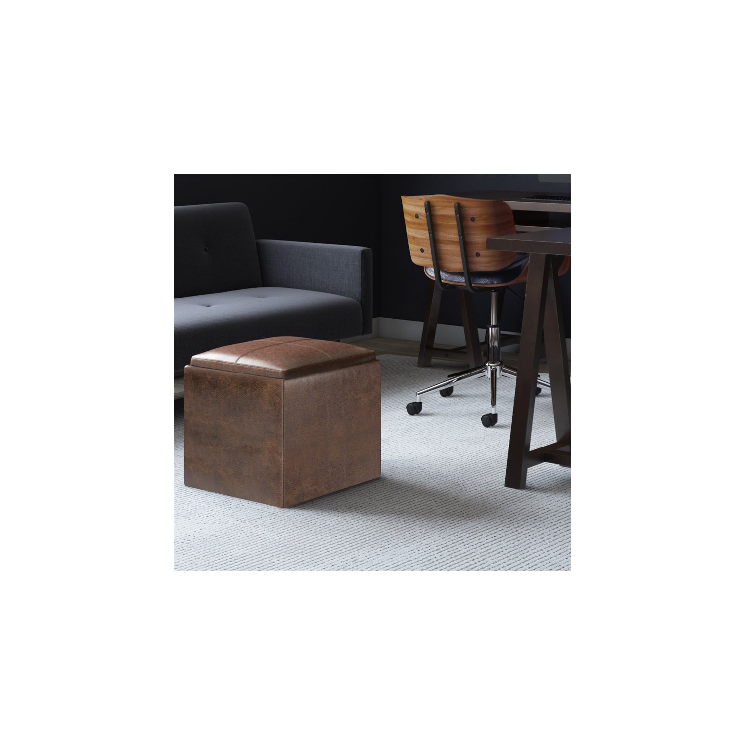 Rockwood Cube Storage Ottoman with Tray in Distressed Brown Faux Leather