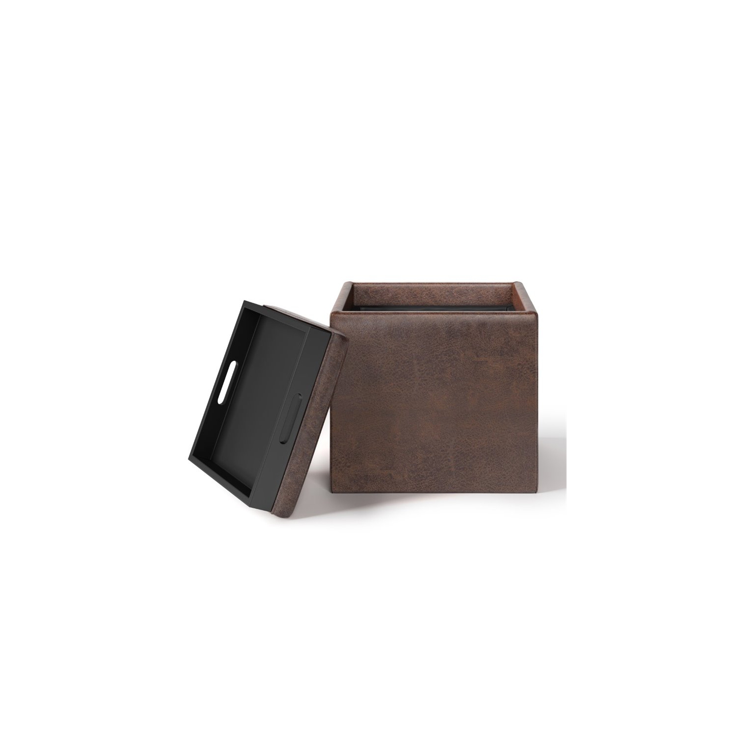 Rockwood Cube Storage Ottoman with Tray in Distressed Brown Faux Leather