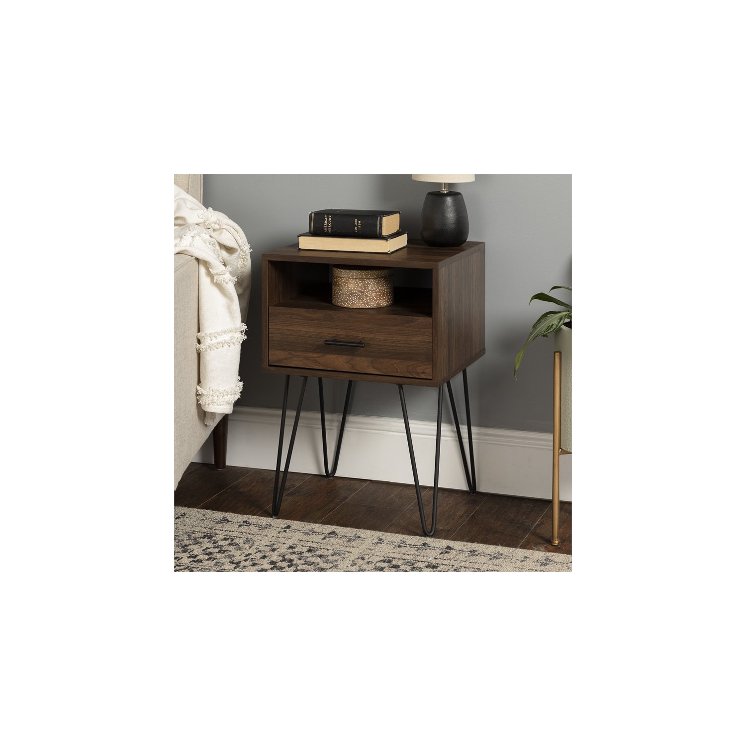 Pemberly Row 18" Single Drawer Hairpin Leg Bedroom Nightstand in Dark Walnut