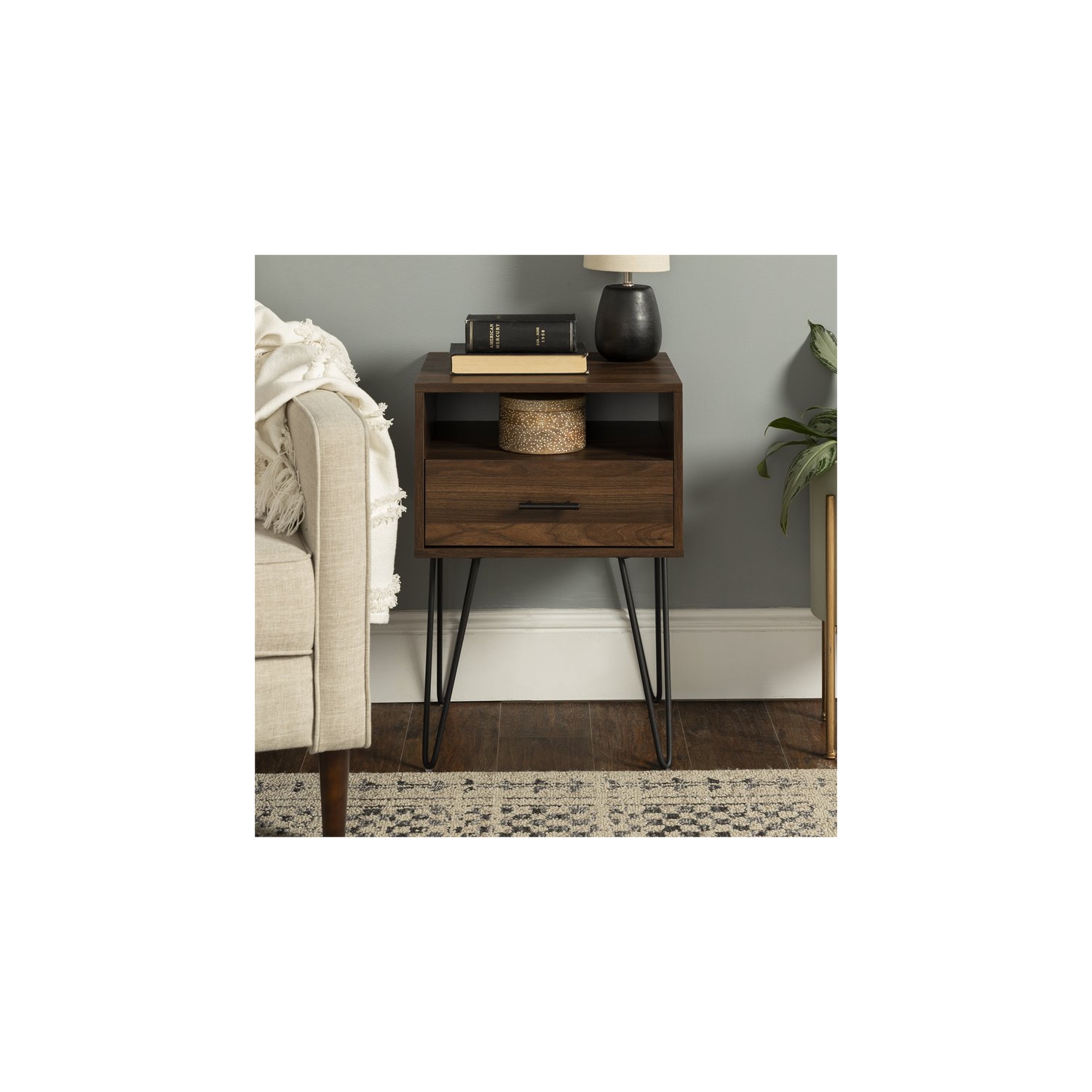 Pemberly Row 18" Single Drawer Hairpin Leg Bedroom Nightstand in Dark Walnut