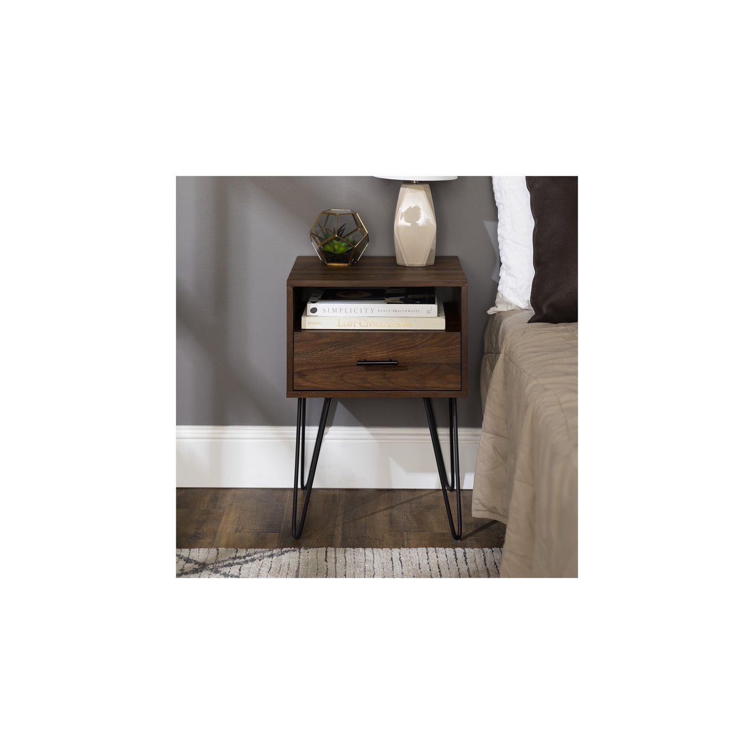 Pemberly Row 18" Single Drawer Hairpin Leg Bedroom Nightstand in Dark Walnut