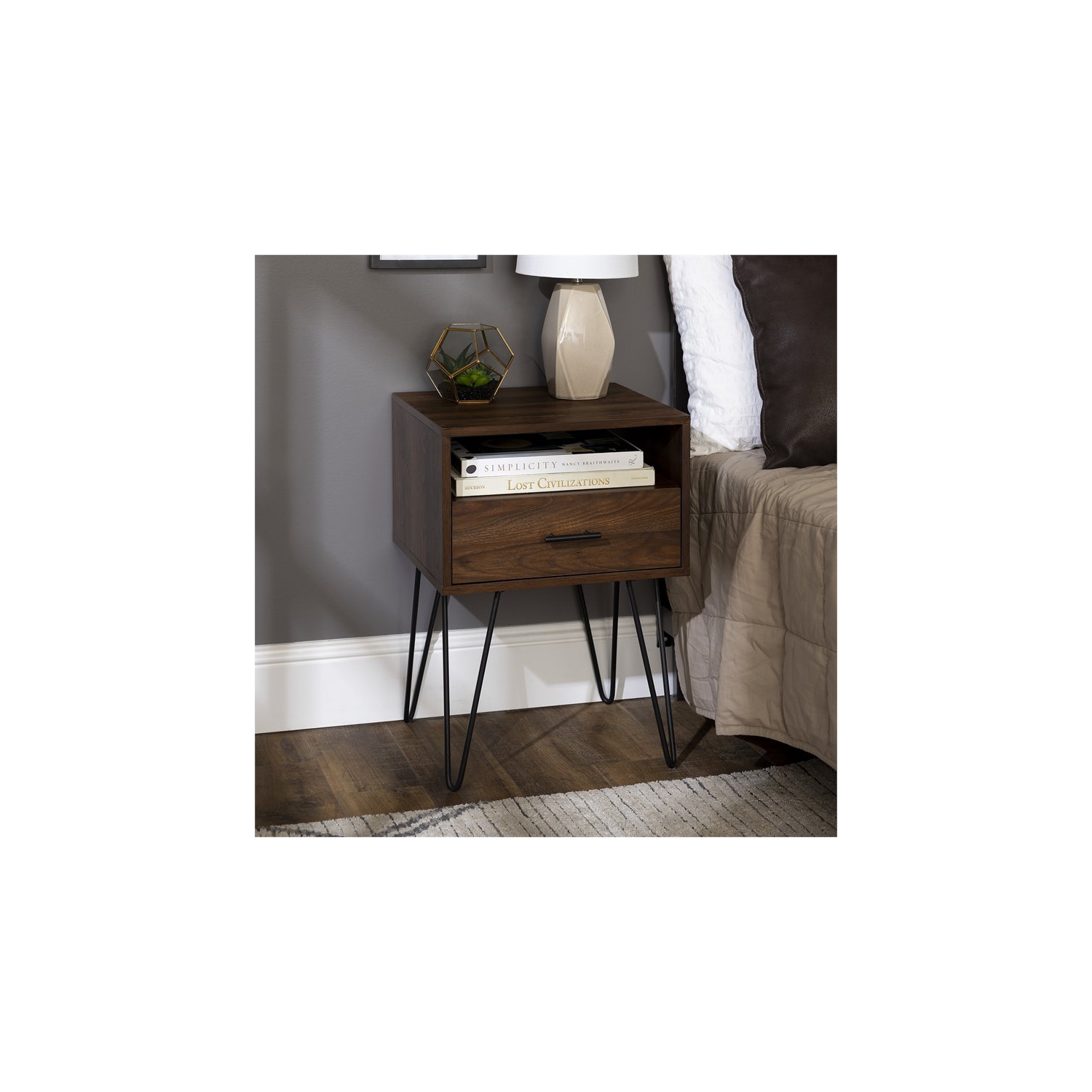 Pemberly Row 18" Single Drawer Hairpin Leg Bedroom Nightstand in Dark Walnut