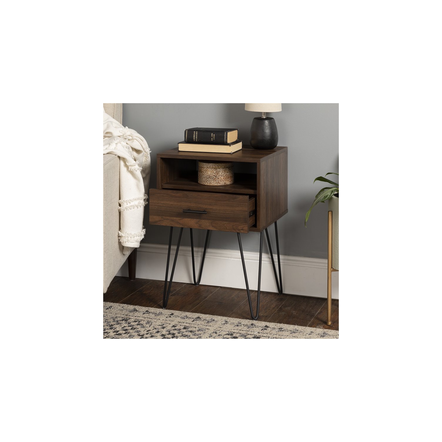 Pemberly Row 18" Single Drawer Hairpin Leg Bedroom Nightstand in Dark Walnut