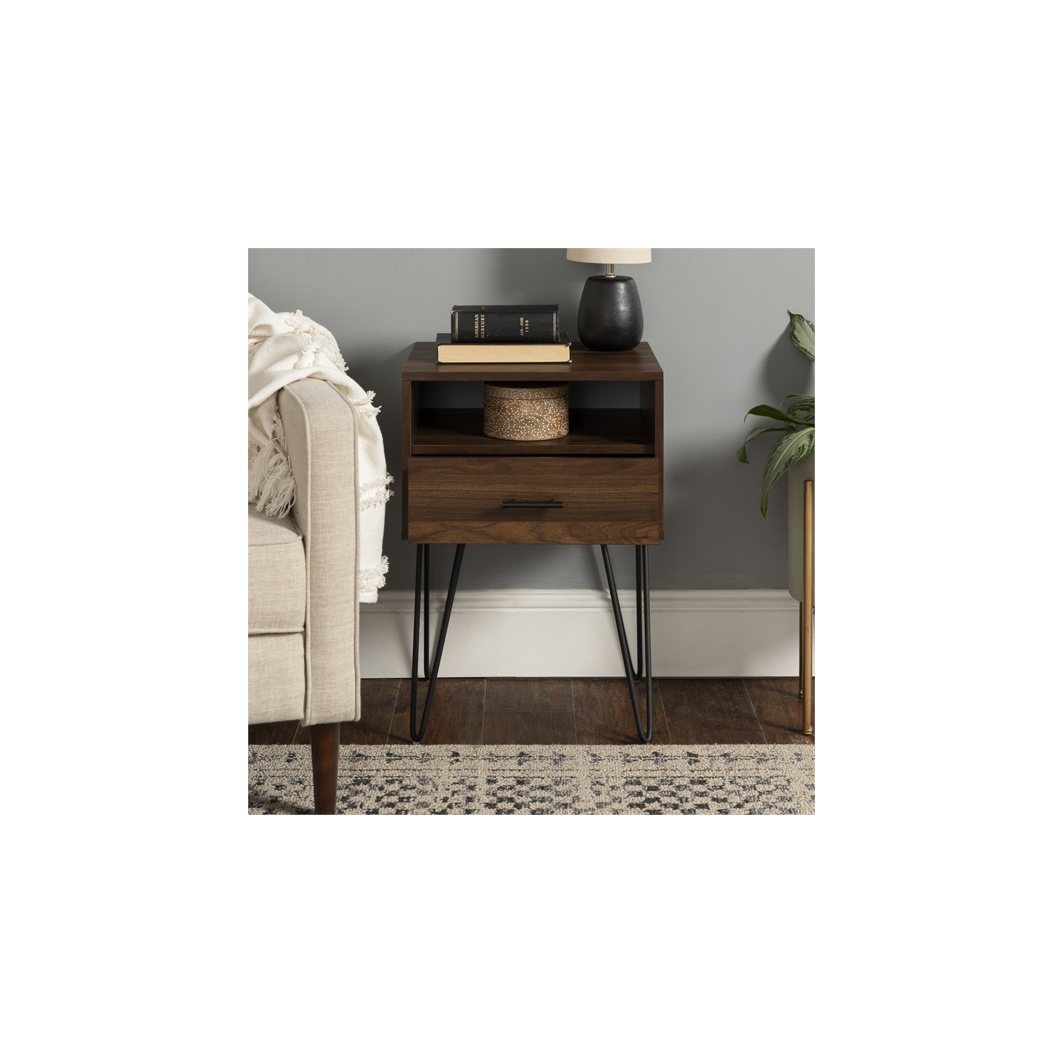 Pemberly Row 18" Single Drawer Hairpin Leg Bedroom Nightstand in Dark Walnut