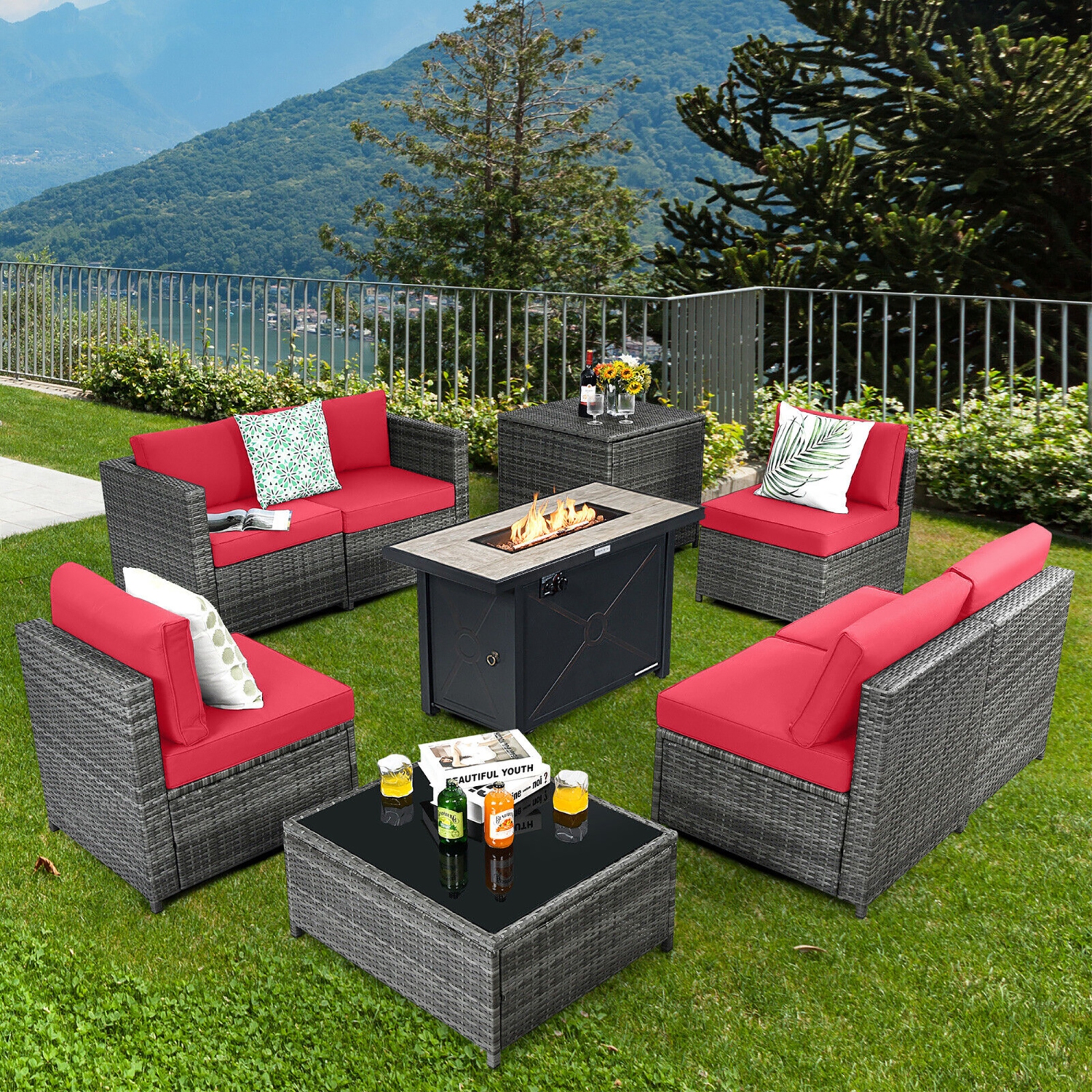 Gymax 9 PCS Patio Rattan Furniture Set Fire Pit Table Storage Grey W/ Cover