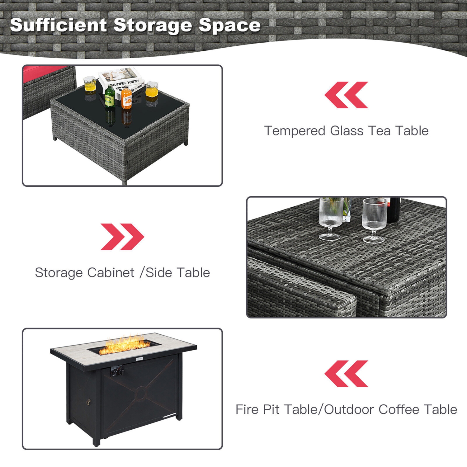 Gymax 9 PCS Patio Rattan Furniture Set Fire Pit Table Storage Grey W/ Cover