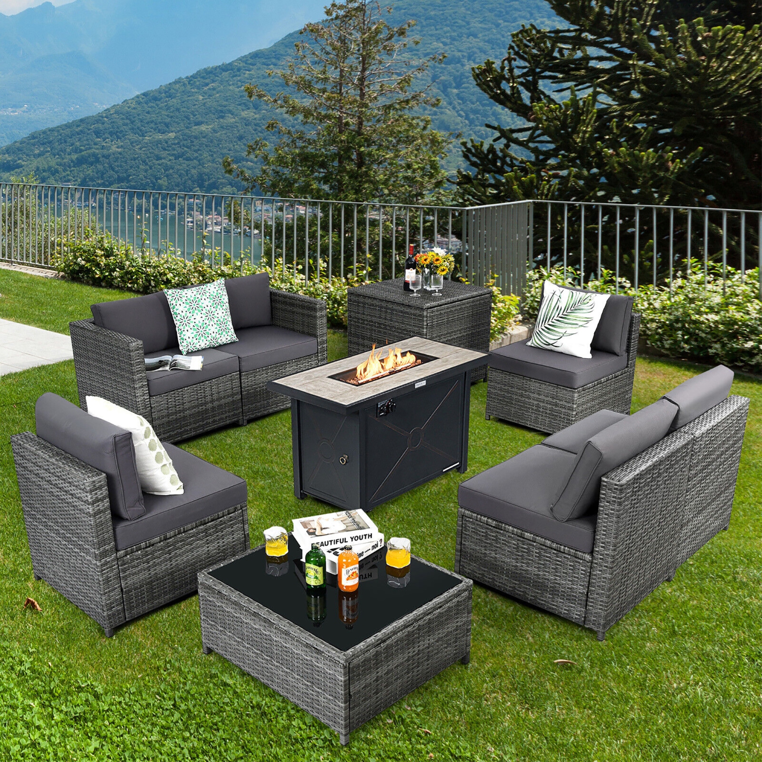 Gymax 9 PCS Patio Rattan Furniture Set Fire Pit Table Storage Grey W/ Cover